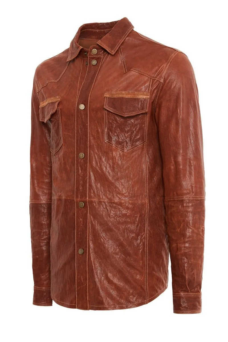 Dash Men's Leather Shirt - Brandy