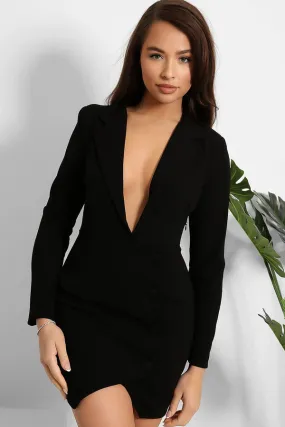 DEEP PLUNGE BLACK BUTTON TUXEDO DRESS