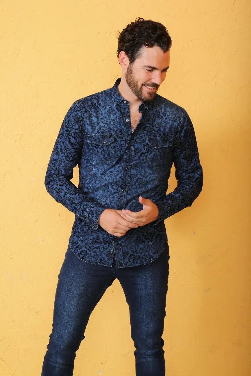 Denim Button Down Shirt W/ Snap Black Flocking