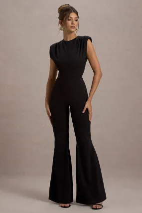 Elyna | Black High-Neck Draped Flared-Leg Jumpsuit