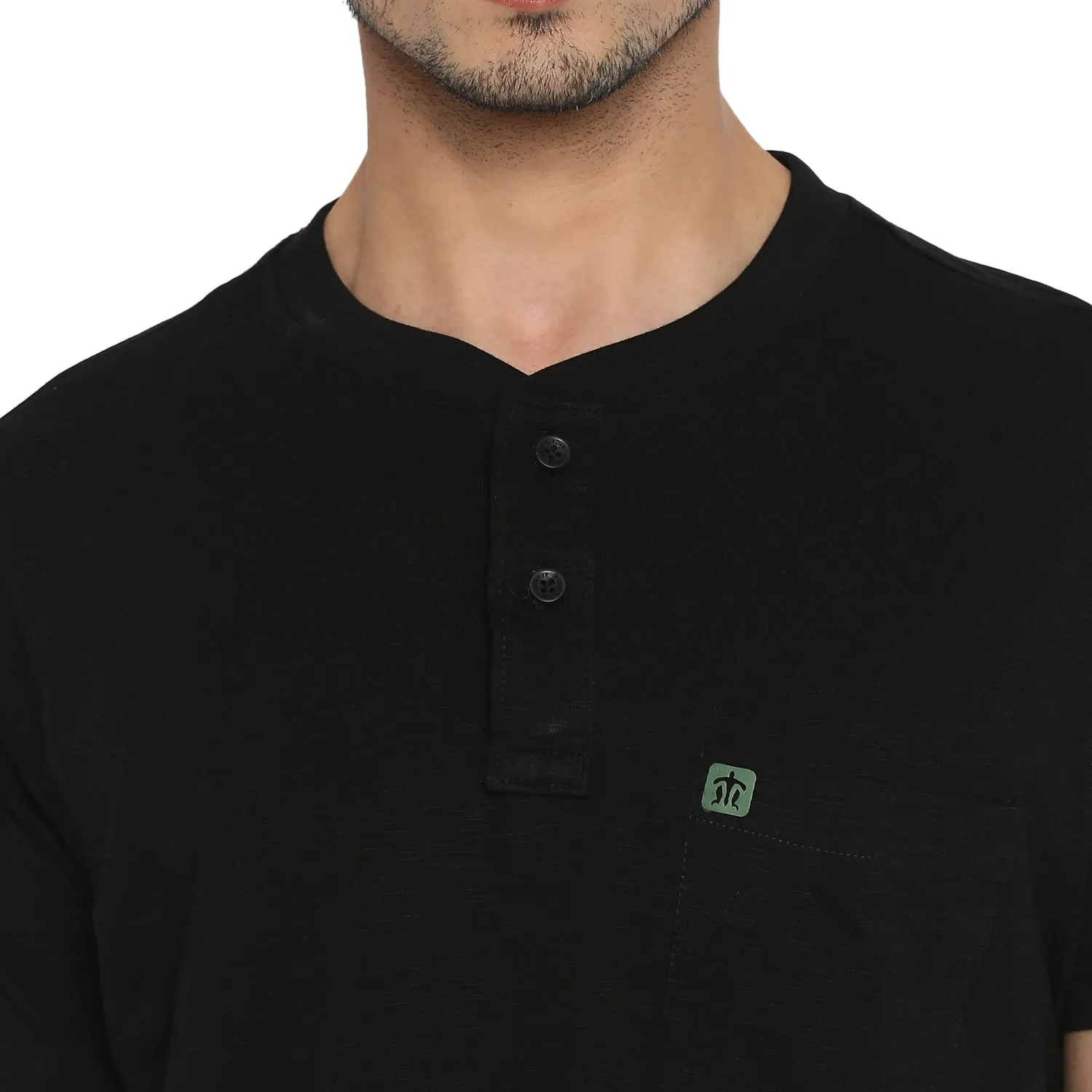 Essentials Black Solid Henley Neck T-Shirt