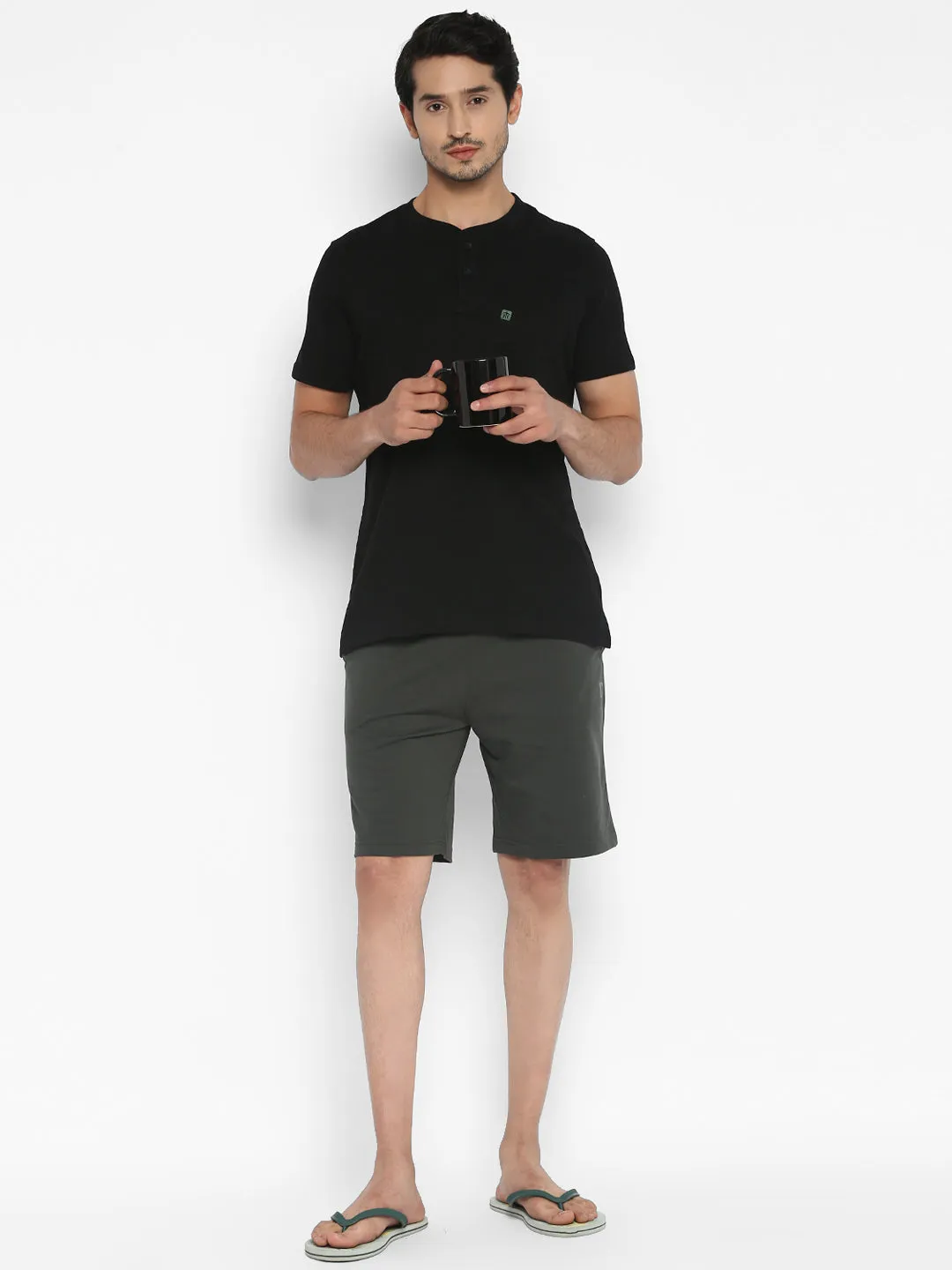 Essentials Black Solid Henley Neck T-Shirt