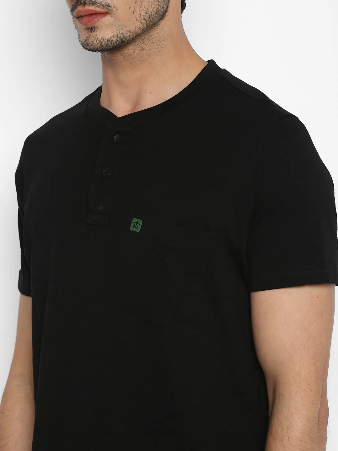 Essentials Black Solid Henley Neck T-Shirt