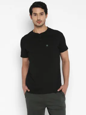 Essentials Black Solid Henley Neck T-Shirt