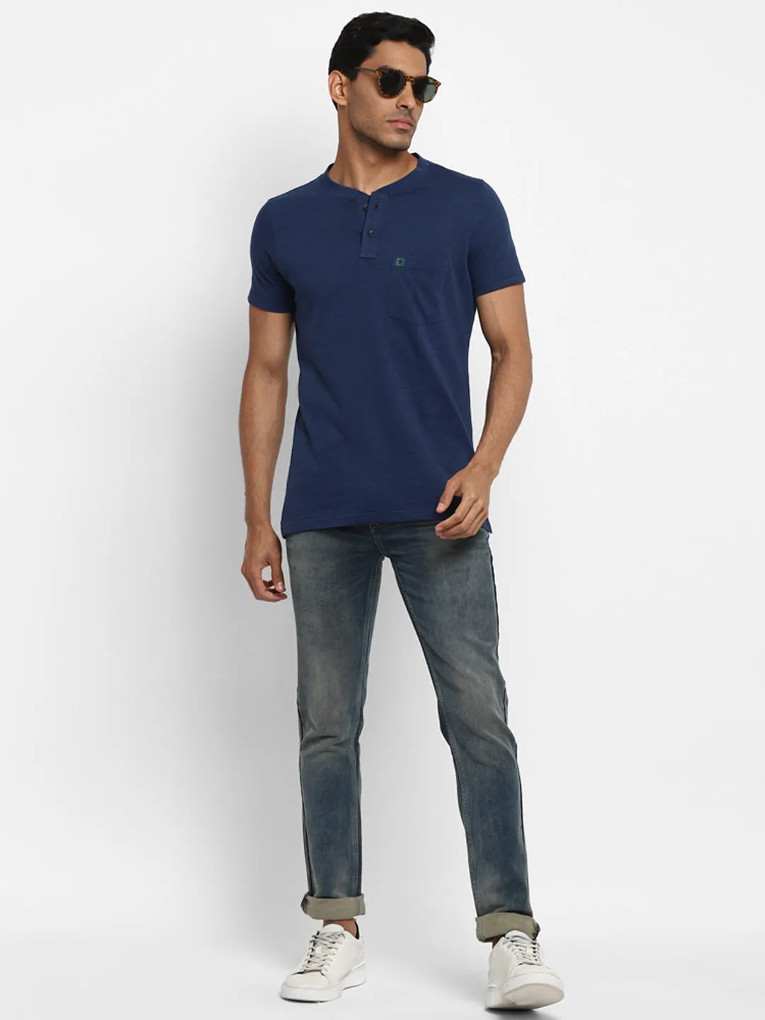 Essentials Navy Solid Henley Neck T-Shirt