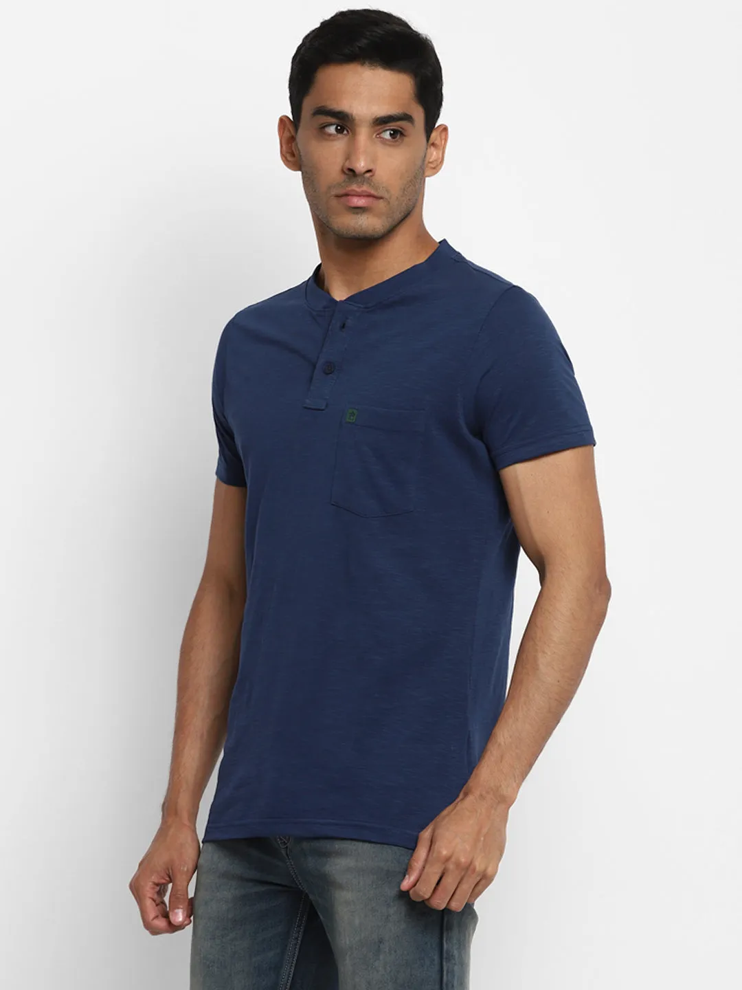 Essentials Navy Solid Henley Neck T-Shirt