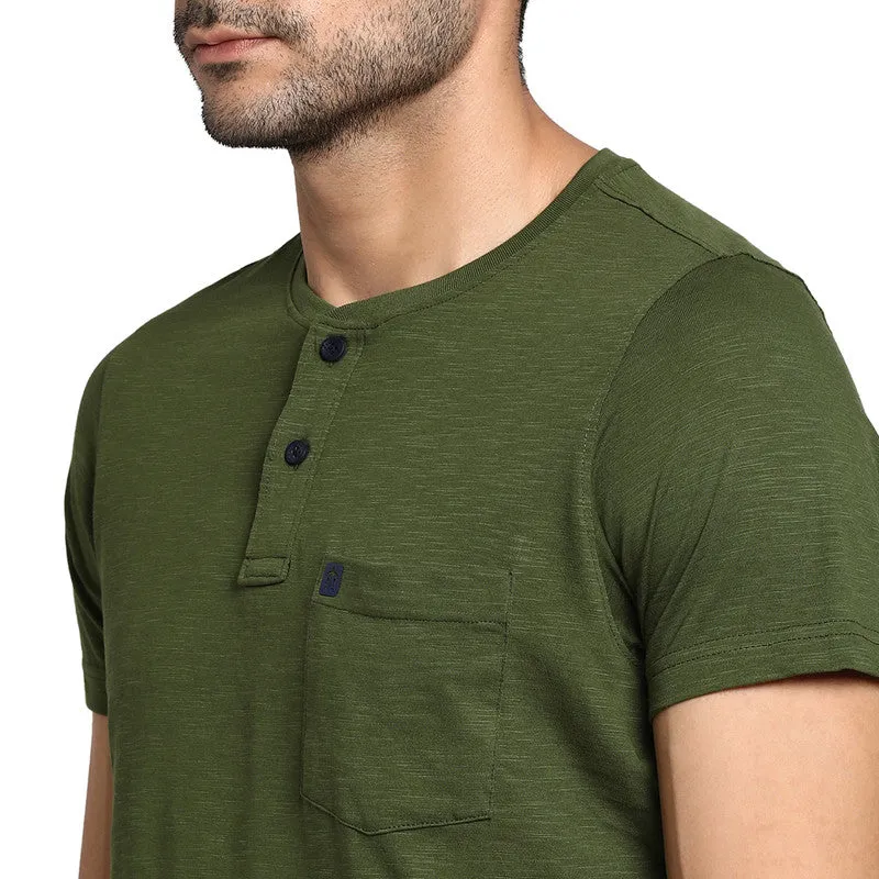 Essentials Olive-Navy Solid Henley Neck T-Shirt (Pack of 2)