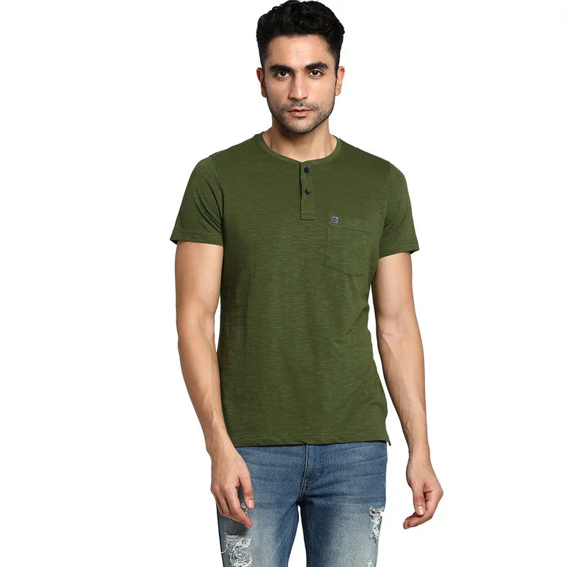 Essentials Olive-Navy Solid Henley Neck T-Shirt (Pack of 2)