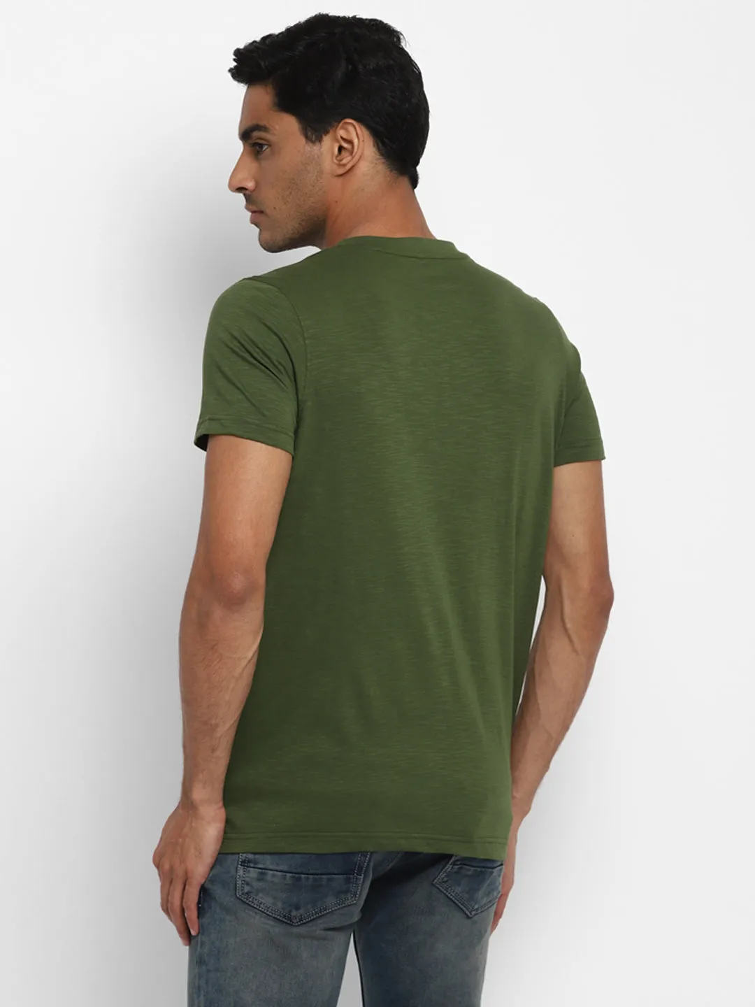 Essentials Olive Solid Henley Neck T-Shirt