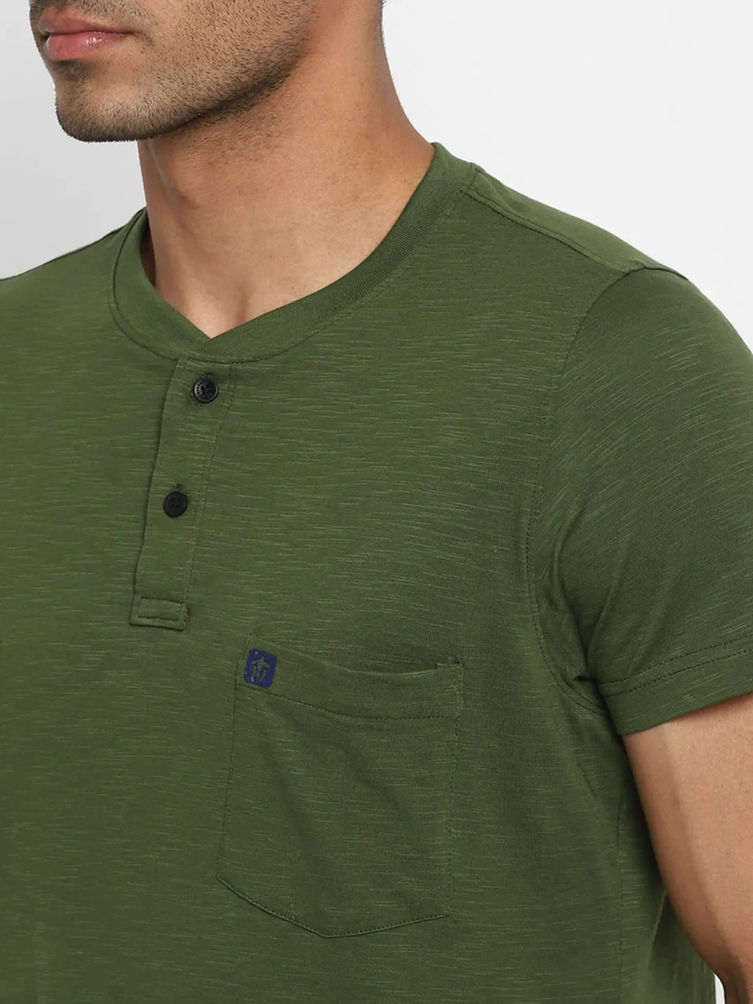 Essentials Olive Solid Henley Neck T-Shirt