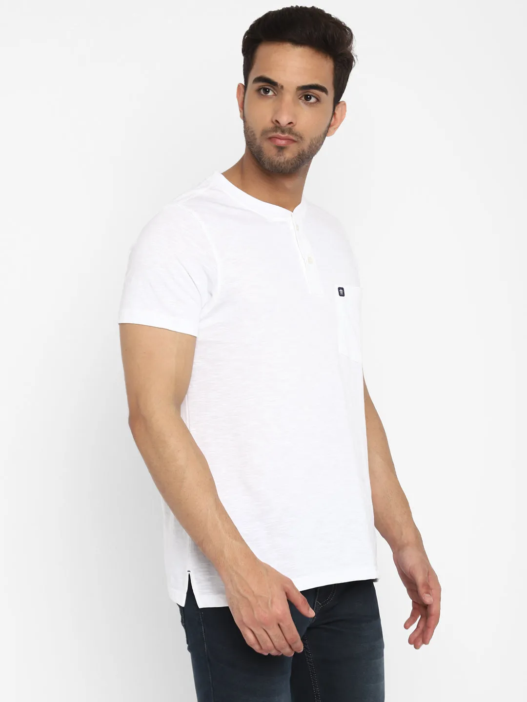 Essentials White Solid Henley Neck T-Shirt