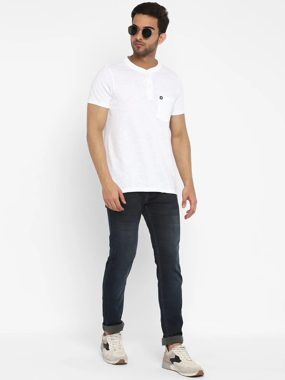 Essentials White Solid Henley Neck T-Shirt