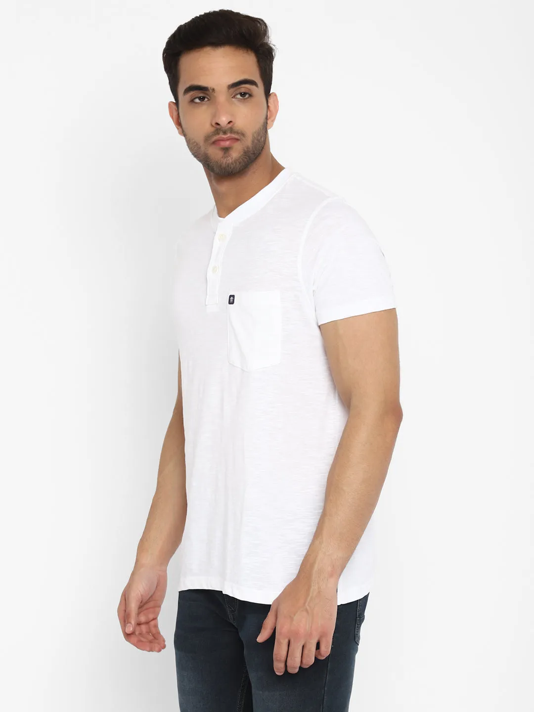 Essentials White Solid Henley Neck T-Shirt