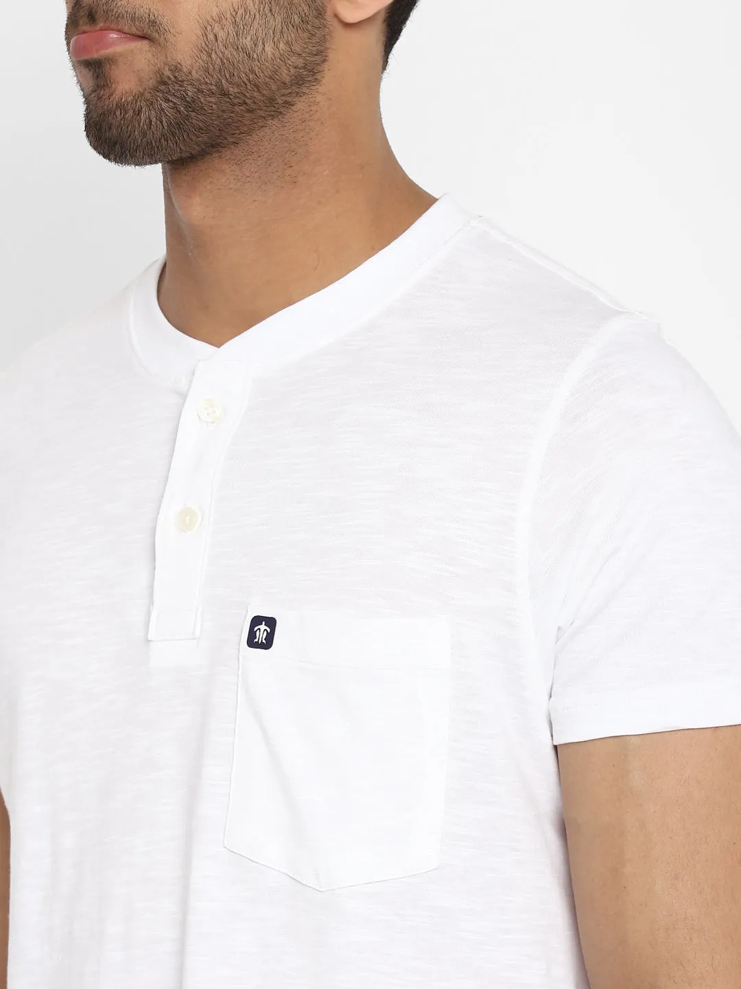 Essentials White Solid Henley Neck T-Shirt