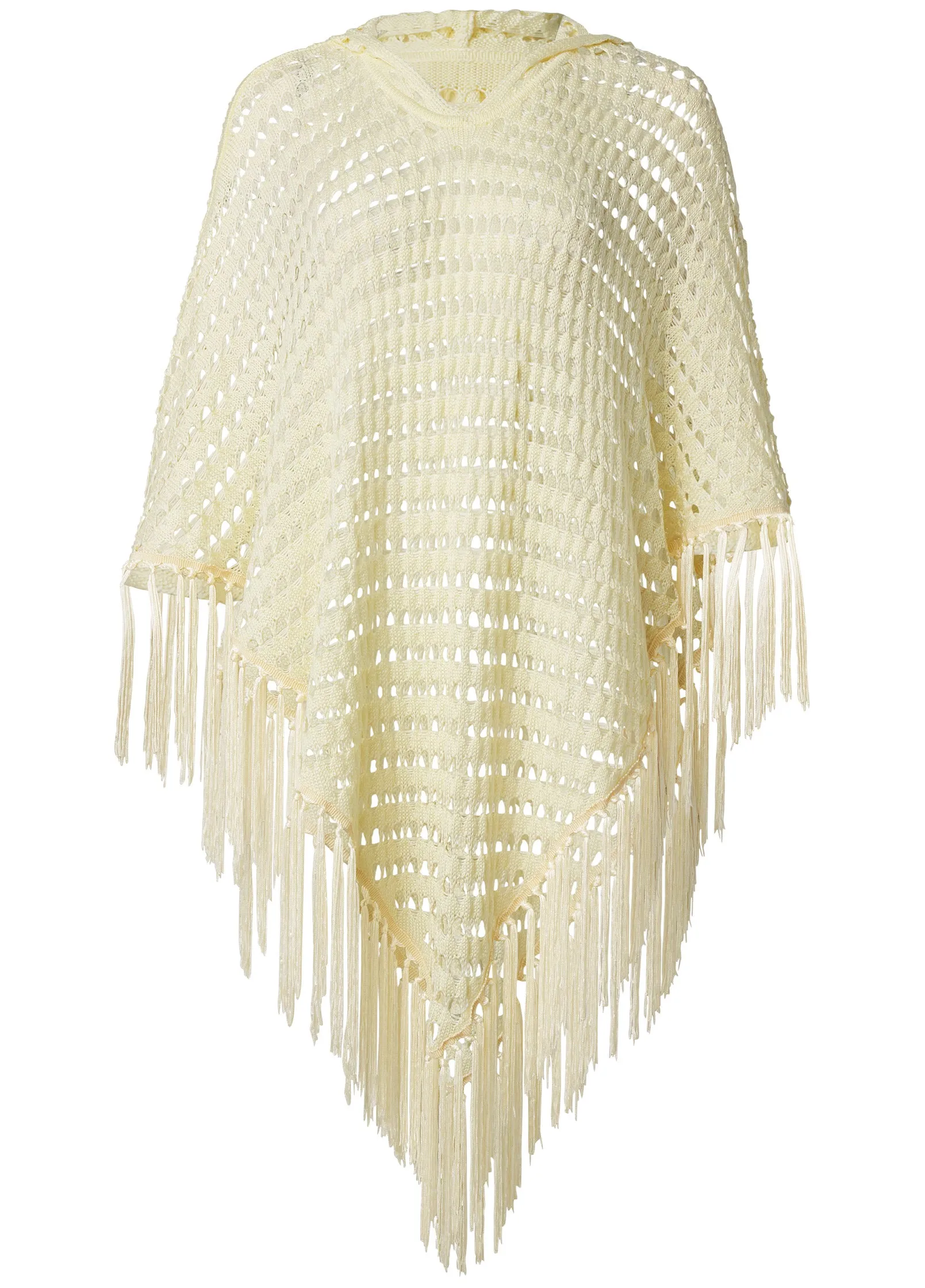 Exotic Fringe Poncho Hoodie - Cream