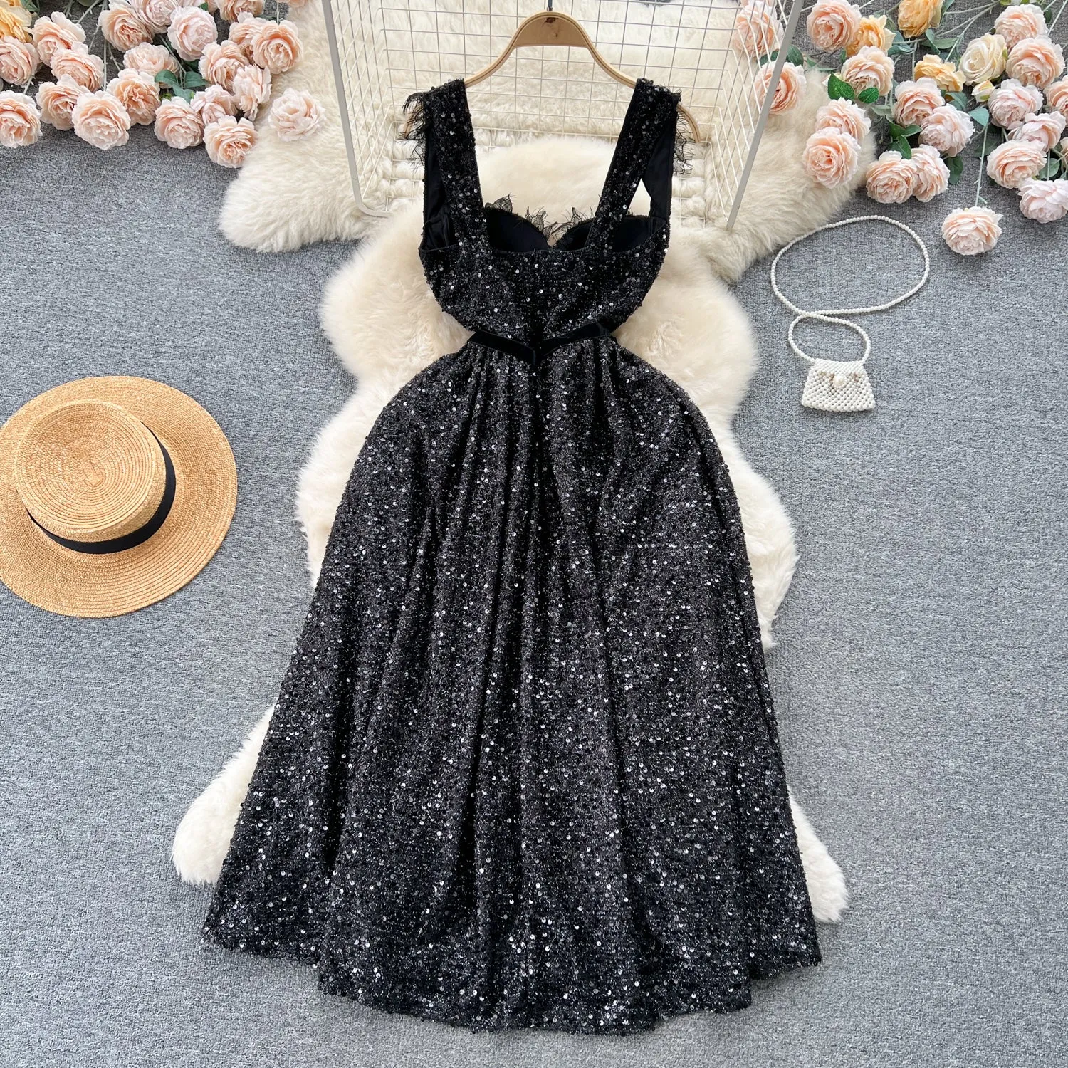 Fairy Sequined Black Slip Dress