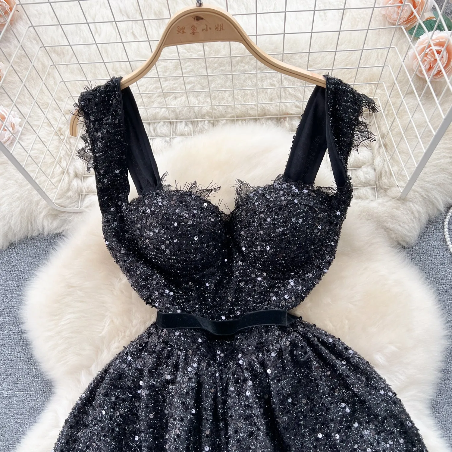 Fairy Sequined Black Slip Dress