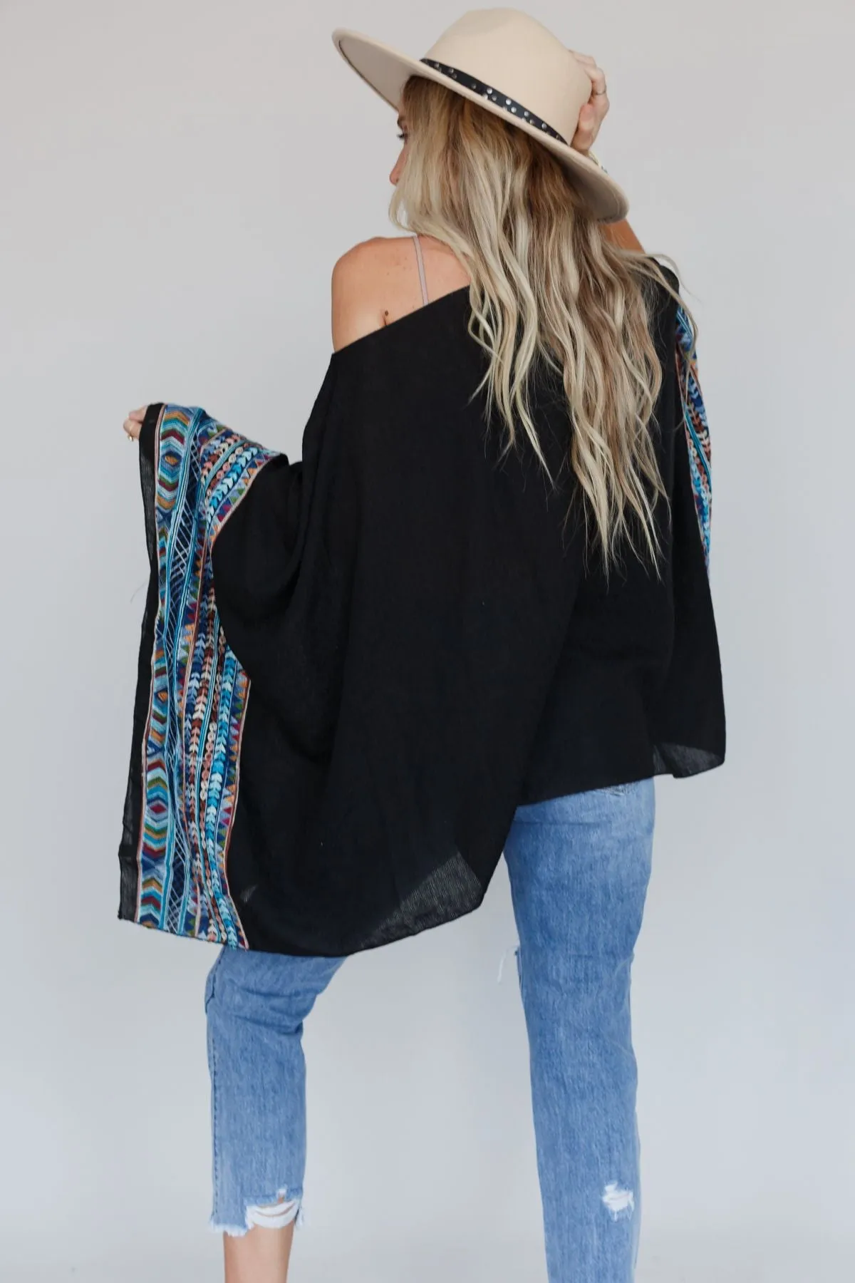 Fallon Embroidered Sleeve Poncho - Black