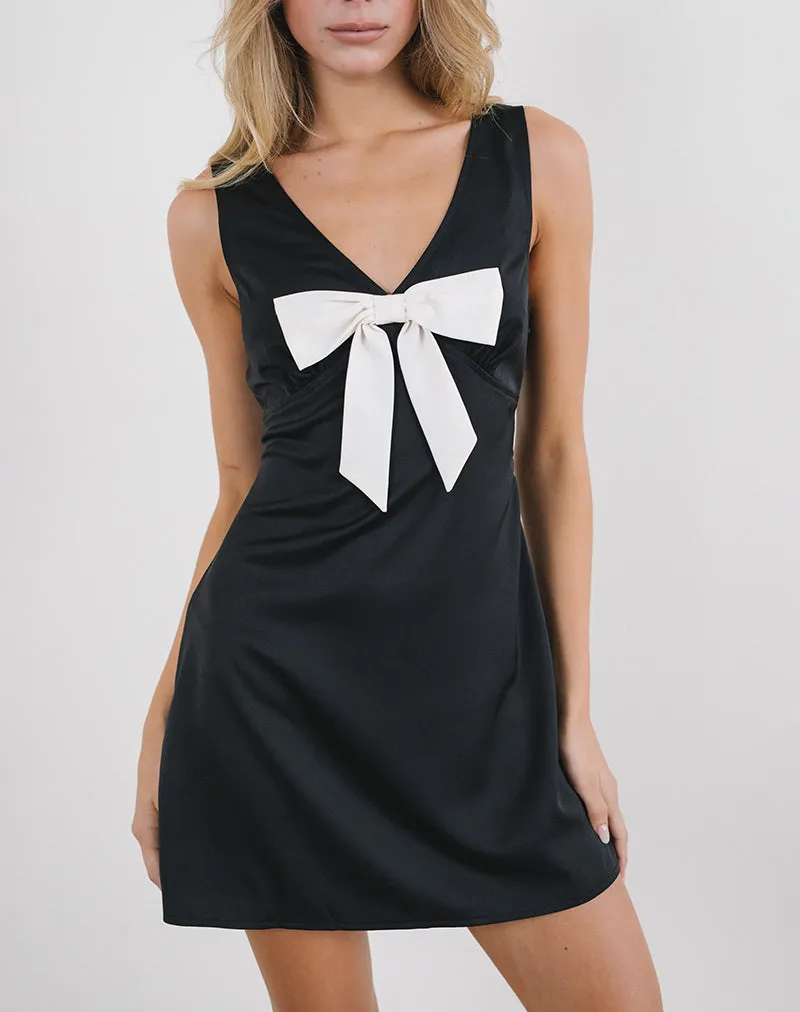 Faradiba Mini Dress in Satin Black with Ivory Bow