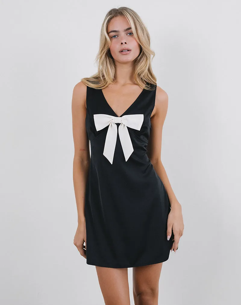 Faradiba Mini Dress in Satin Black with Ivory Bow