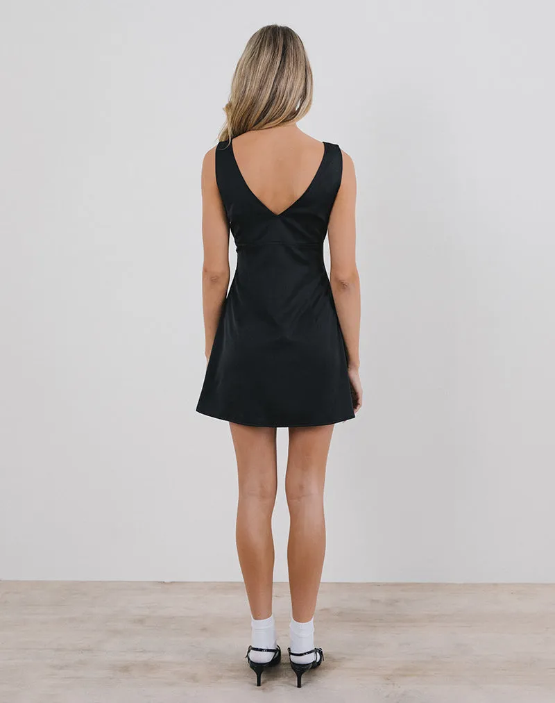 Faradiba Mini Dress in Satin Black with Ivory Bow