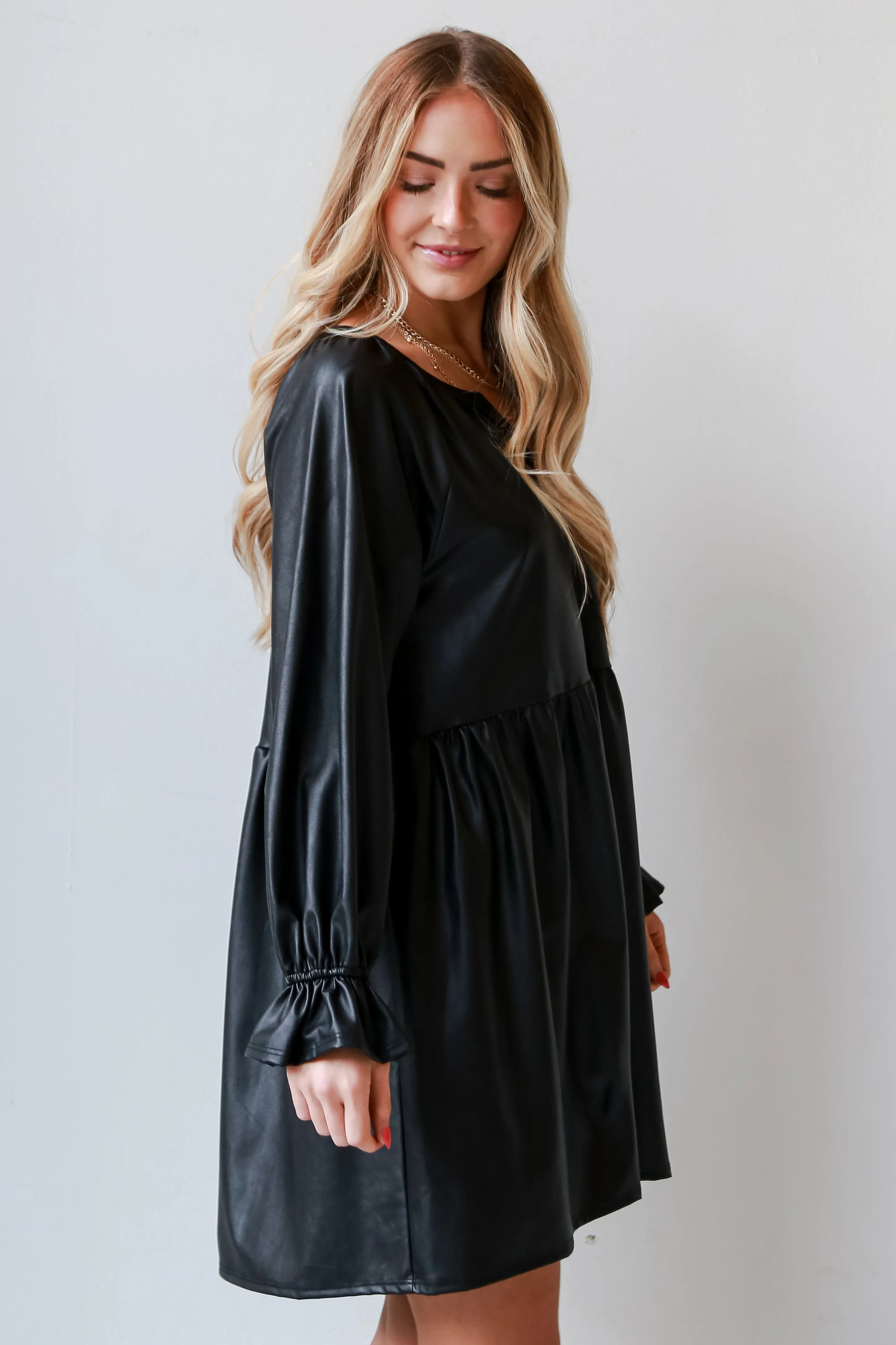 FINAL SALE - Flawless Shine Black Leather Babydoll Mini Dress