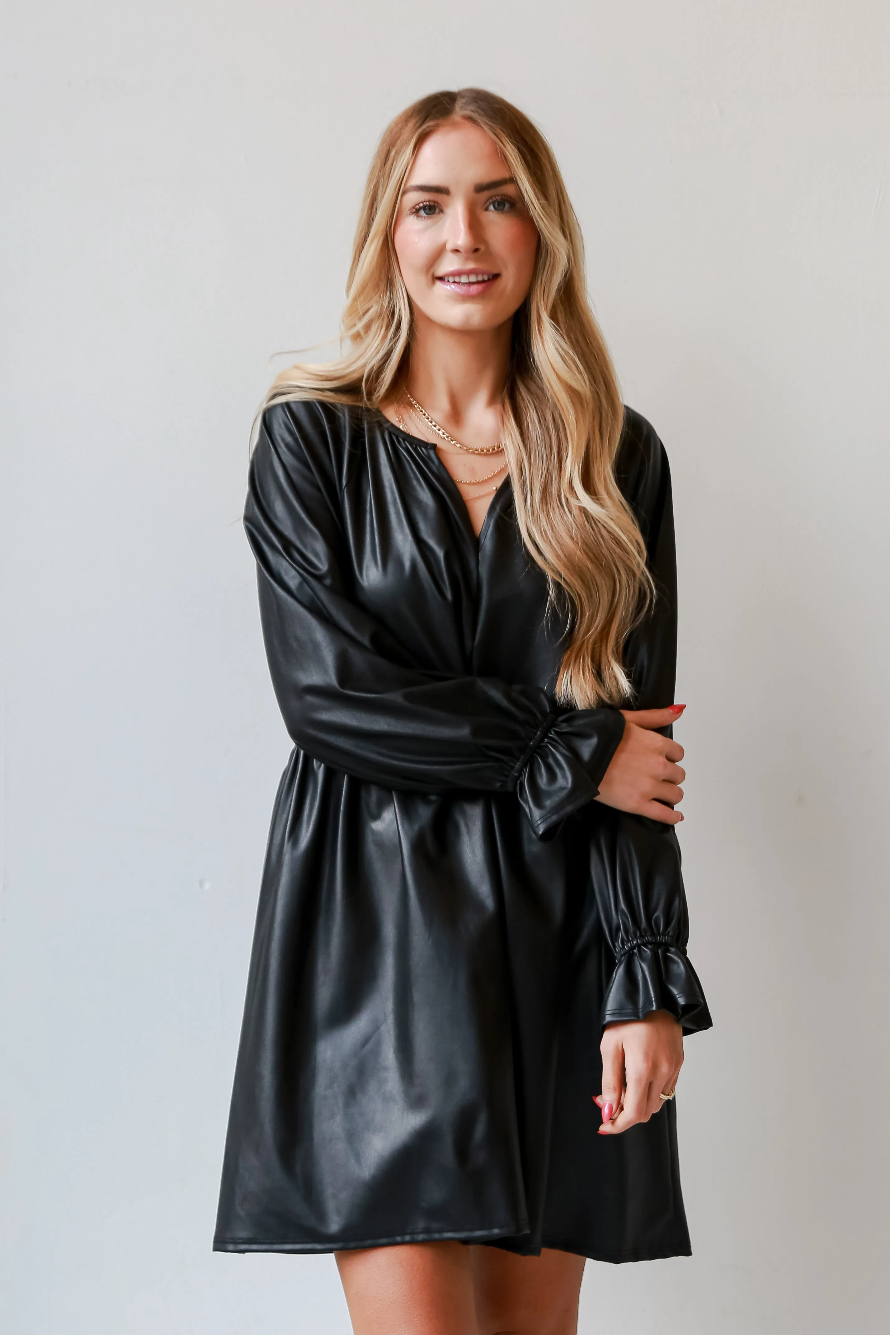 FINAL SALE - Flawless Shine Black Leather Babydoll Mini Dress