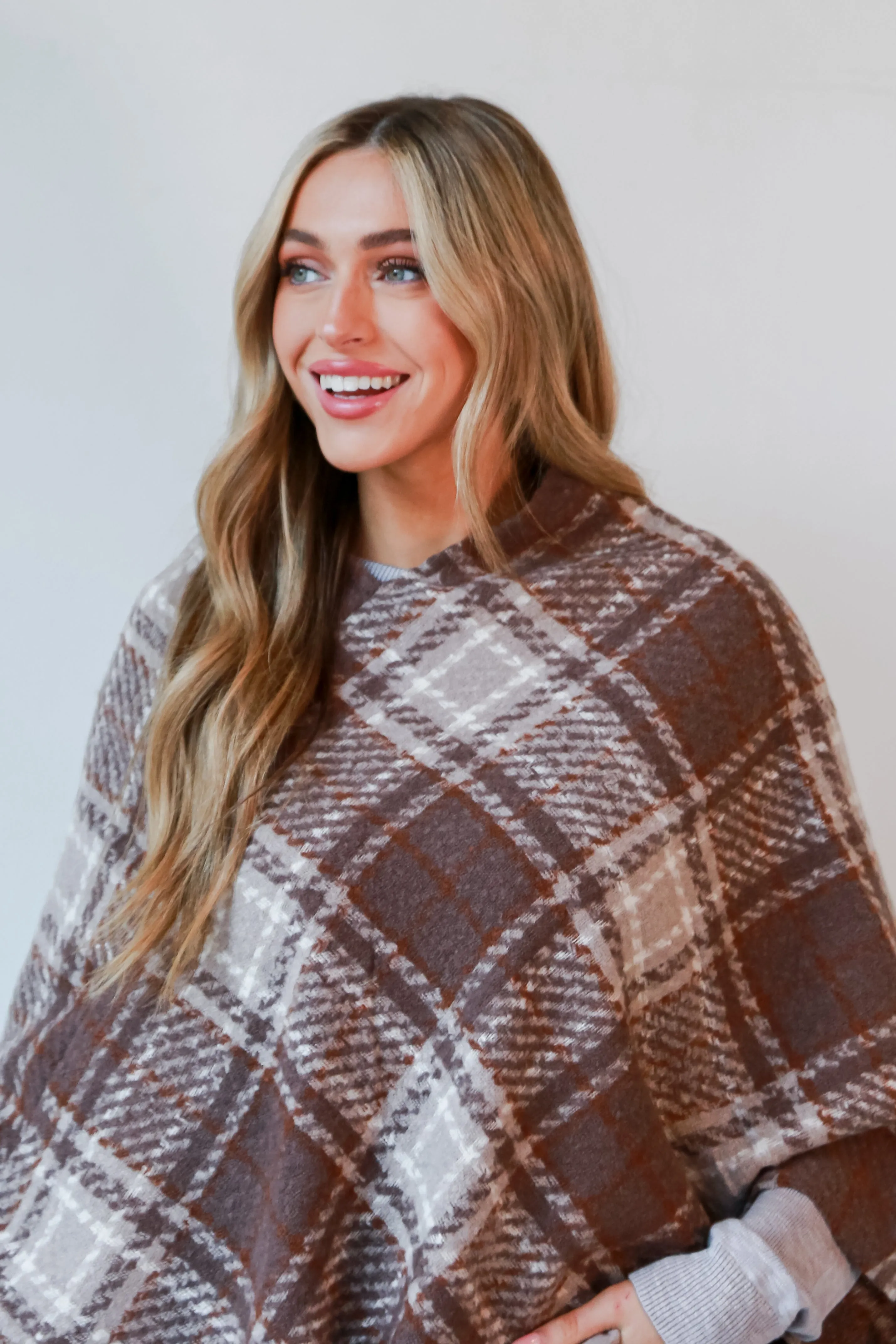 FINAL SALE - Happily Cozy Taupe Plaid Fringe Poncho - DOORBUSTER