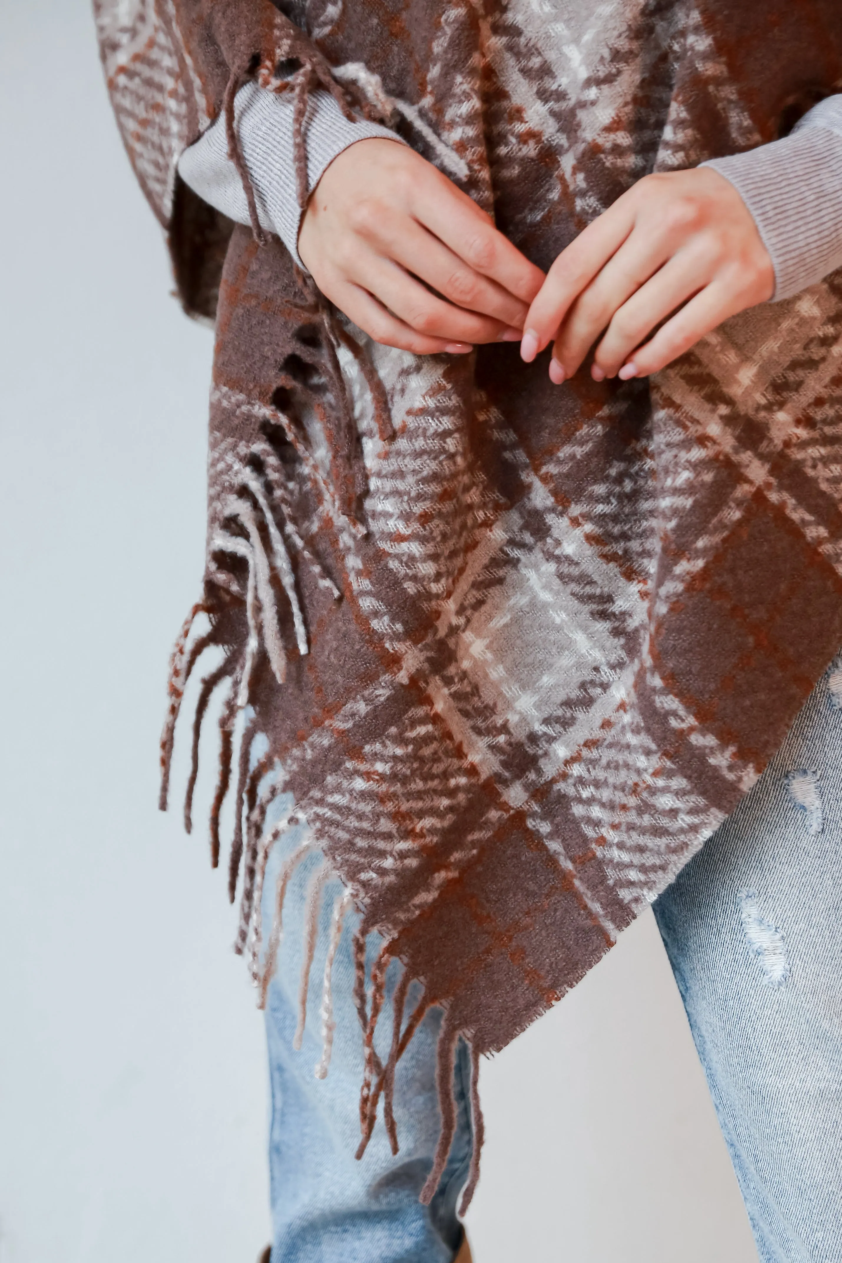 FINAL SALE - Happily Cozy Taupe Plaid Fringe Poncho - DOORBUSTER