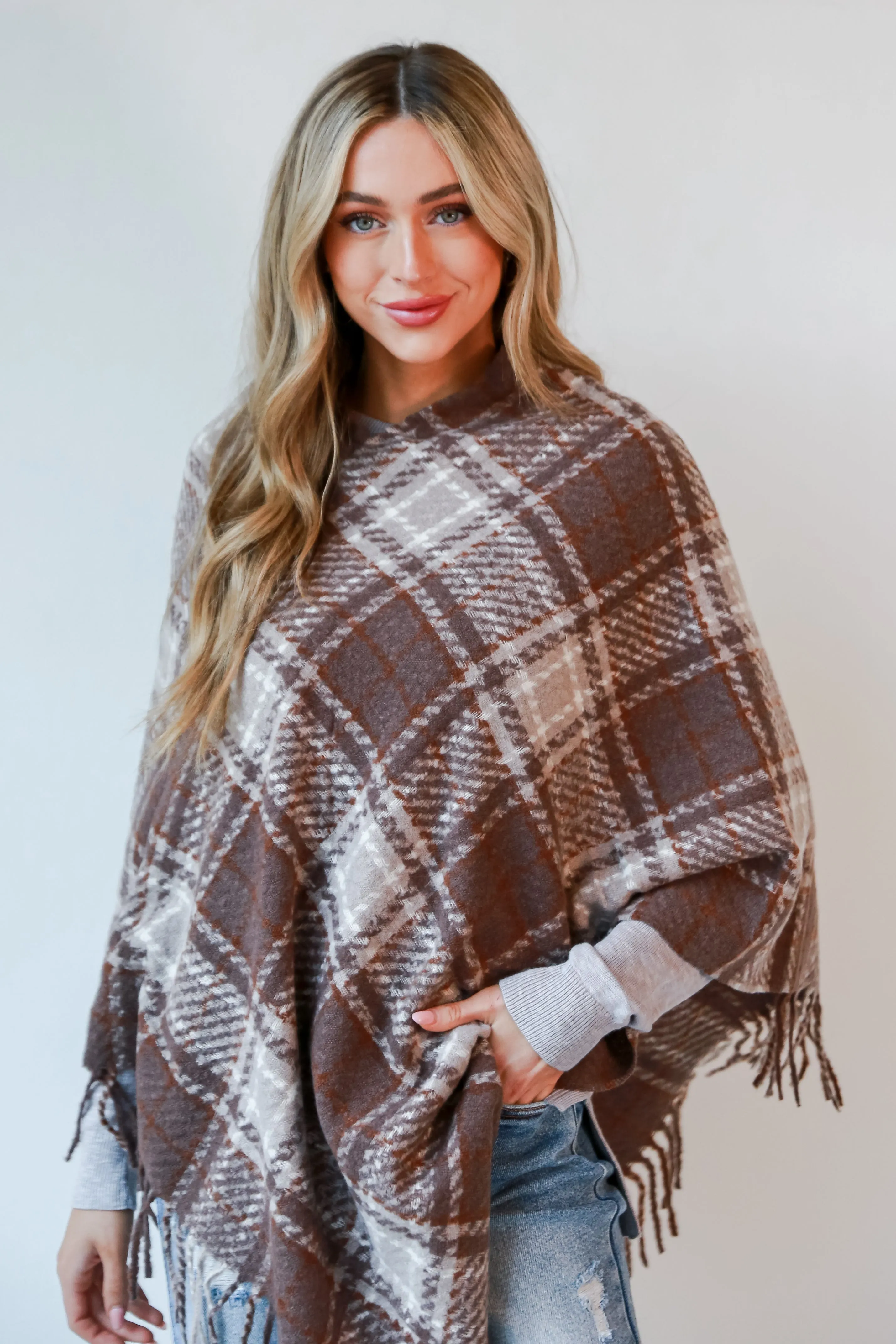 FINAL SALE - Happily Cozy Taupe Plaid Fringe Poncho - DOORBUSTER