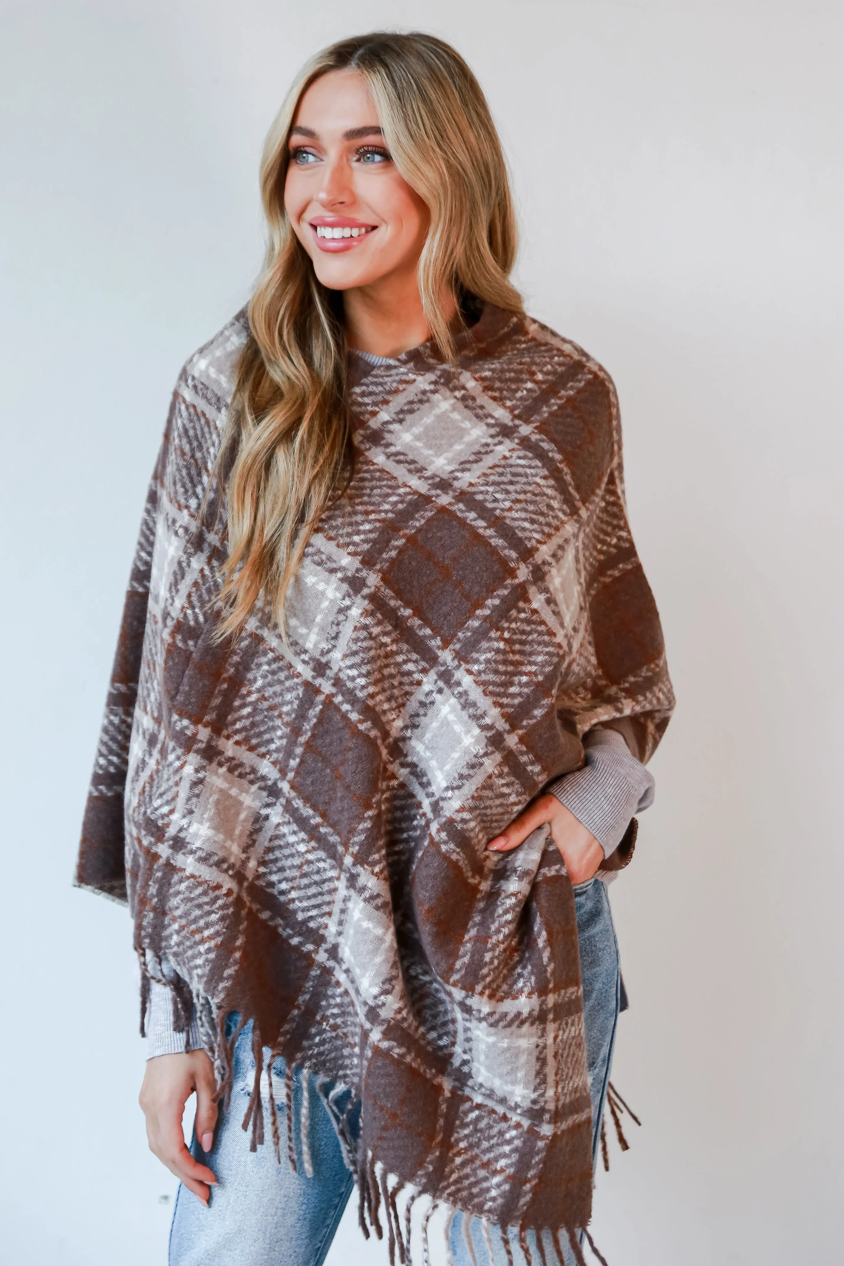 FINAL SALE - Happily Cozy Taupe Plaid Fringe Poncho - DOORBUSTER