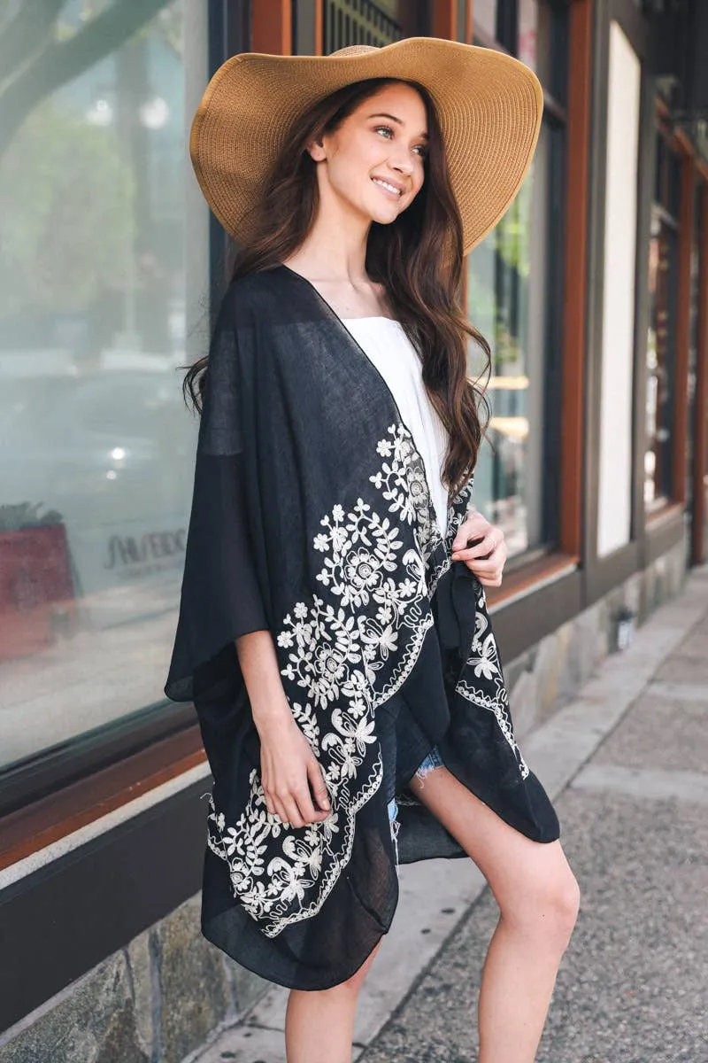 Floral Embroidered Stitch Short Kimono