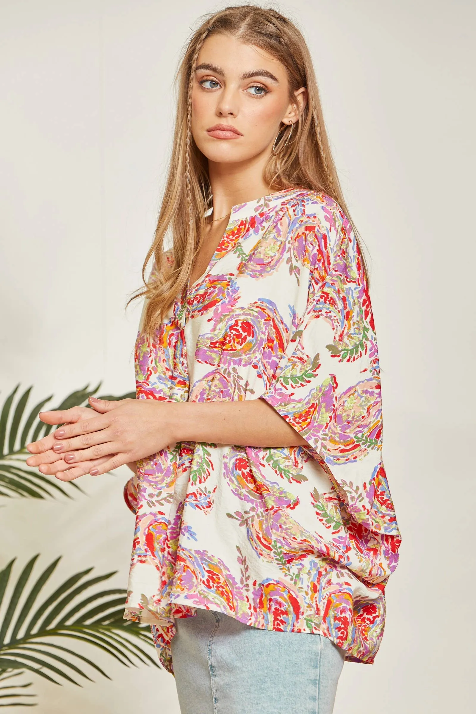 Floral Print Poncho-Like Tunic Top: Multi-Colored-SALE