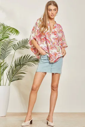 Floral Print Poncho-Like Tunic Top: Multi-Colored-SALE