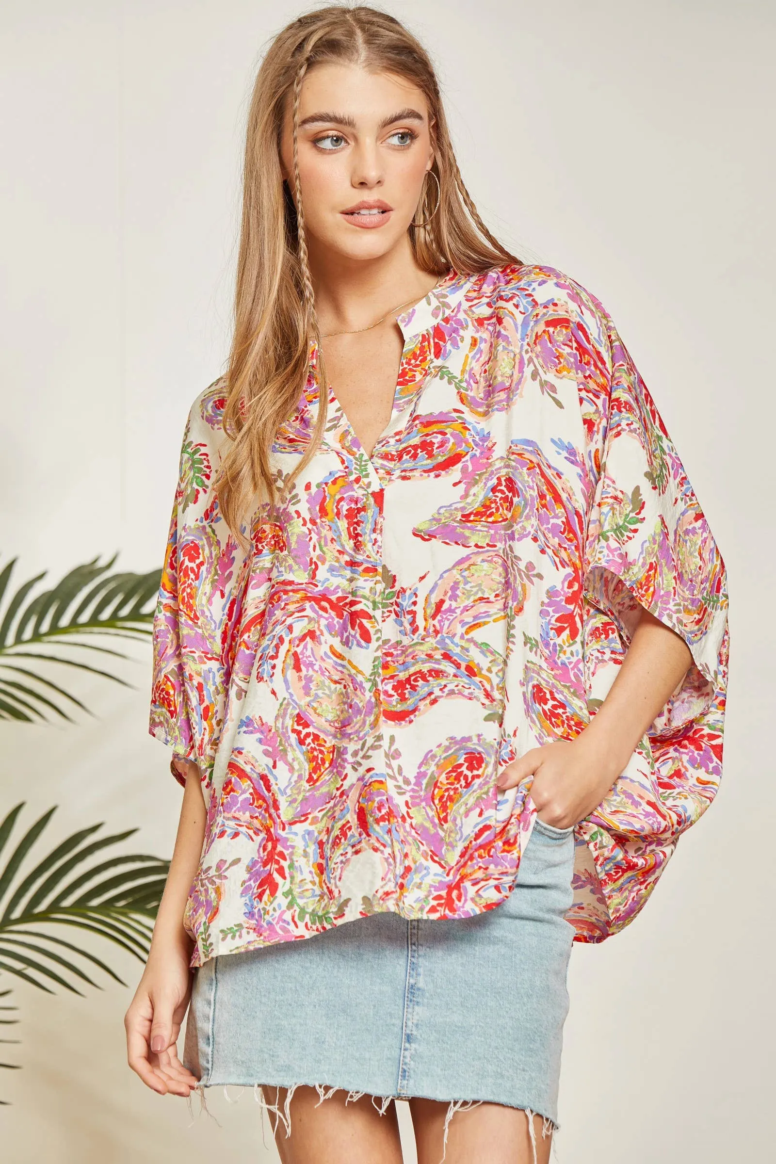 Floral Print Poncho-Like Tunic Top: Multi-Colored-SALE