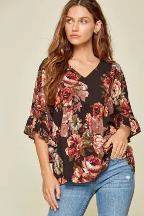 Floral Ruffle Sleeve Top, Black