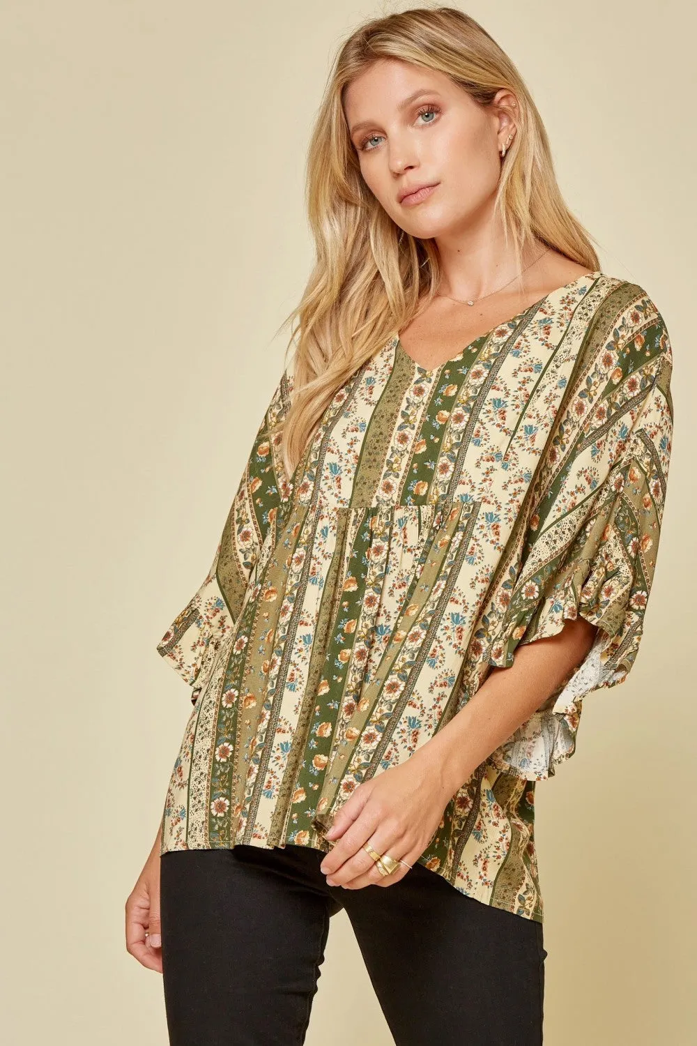 Floral Ruffle Sleeve Top, Olive