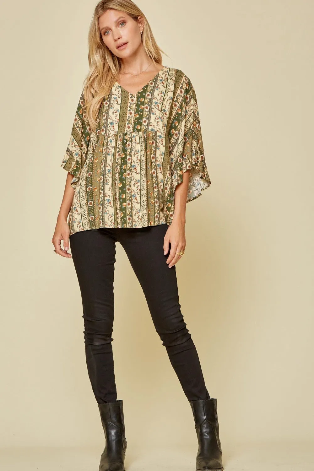 Floral Ruffle Sleeve Top, Olive