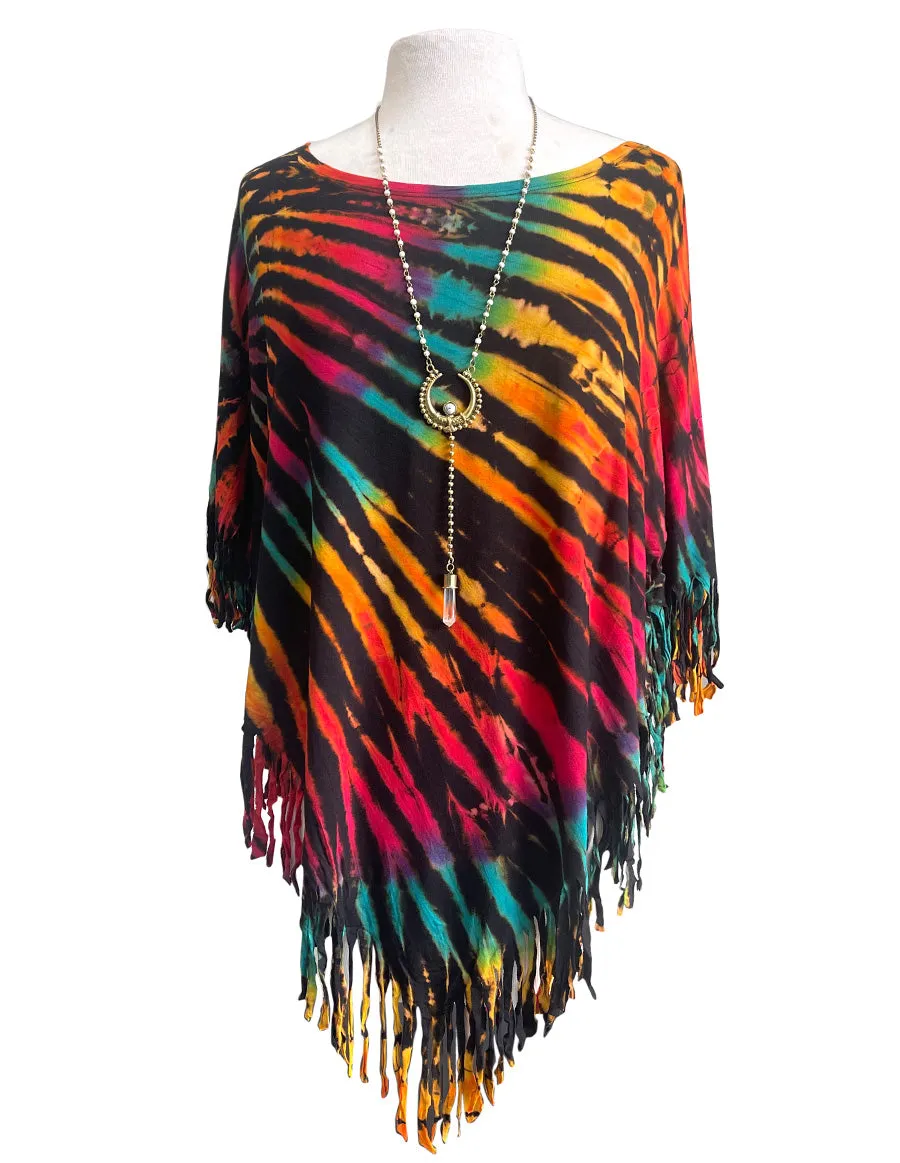 Fringed Tie Dye Bohemian Boho Hippie Poncho Top