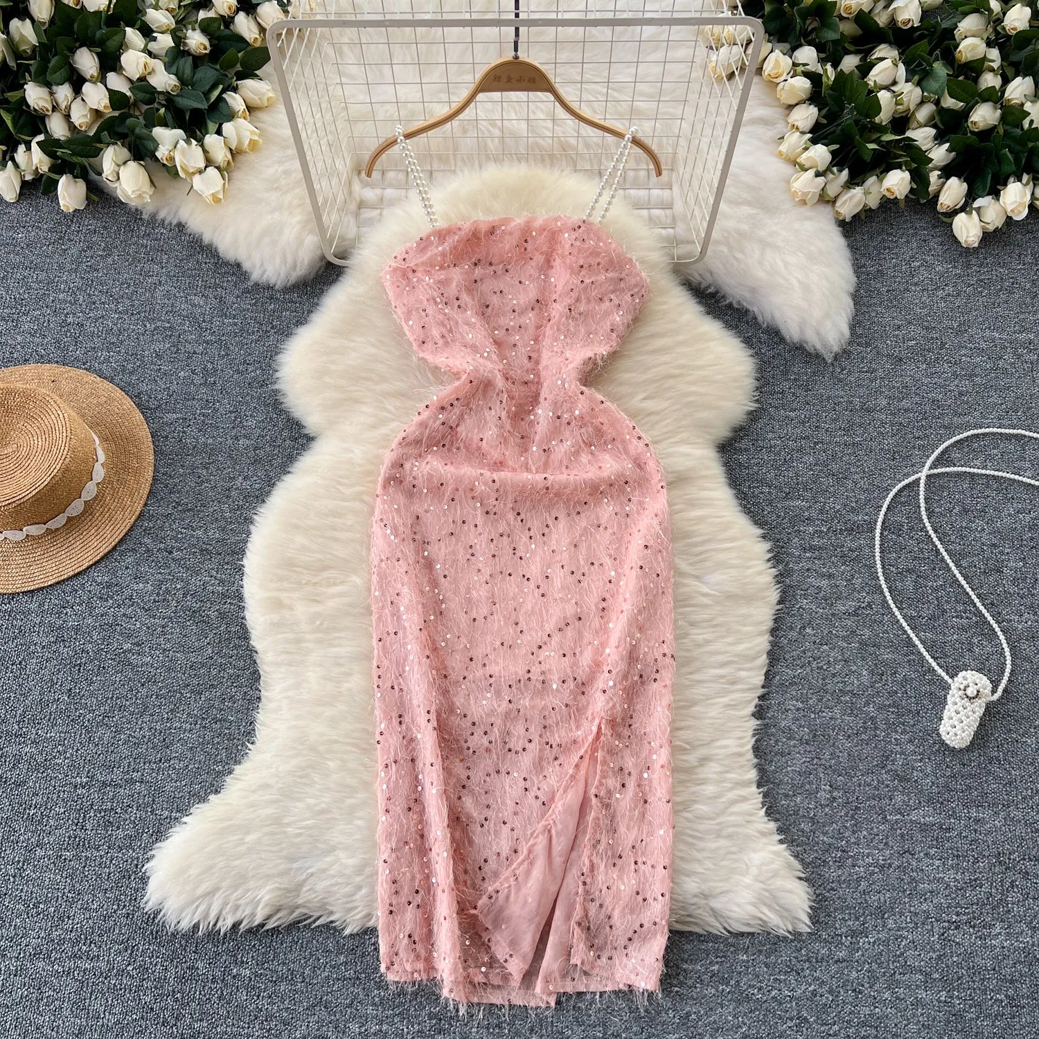 Furry Sequined Pink Slip Dress