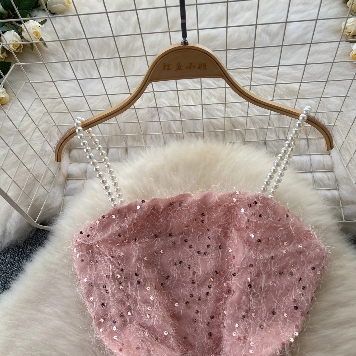 Furry Sequined Pink Slip Dress