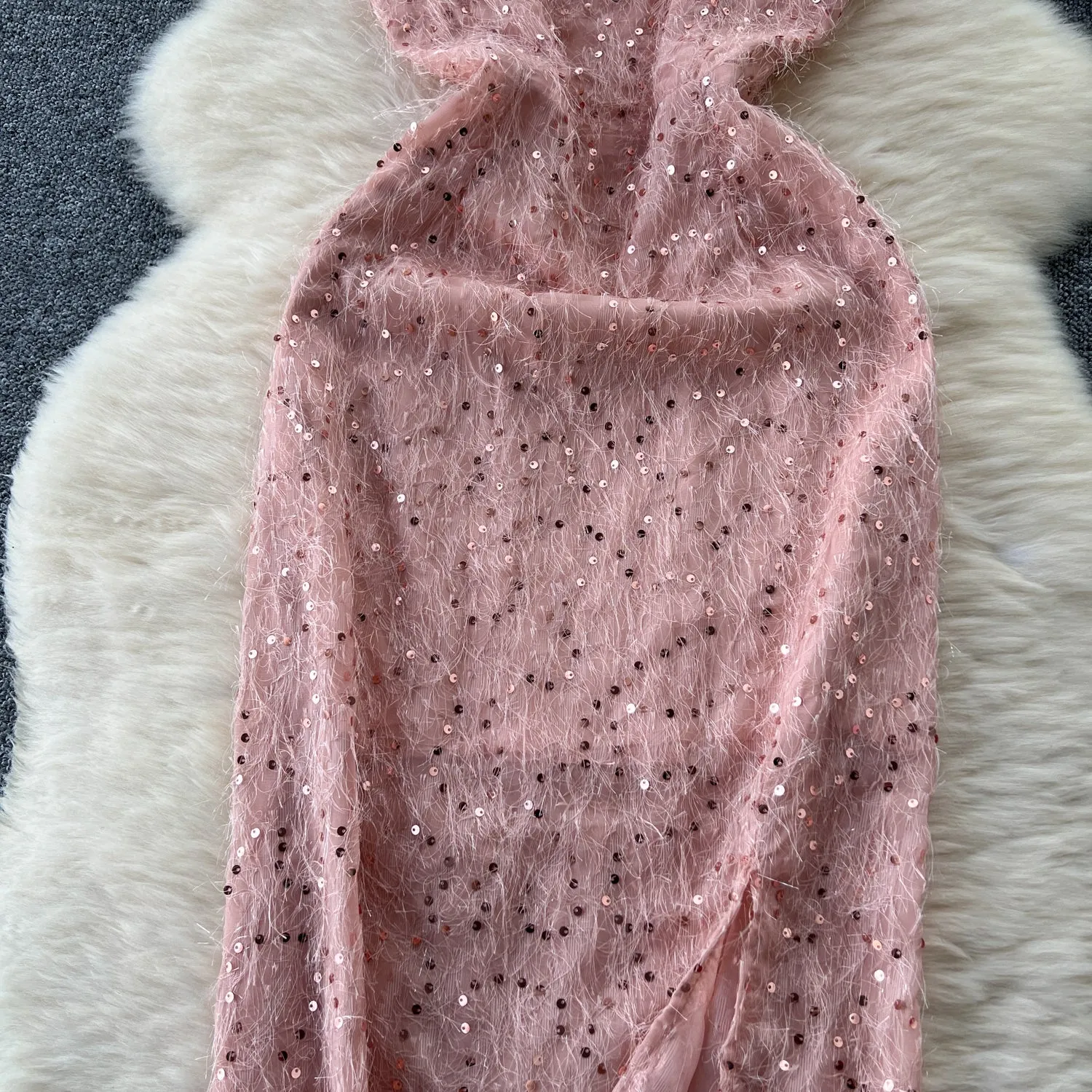 Furry Sequined Pink Slip Dress