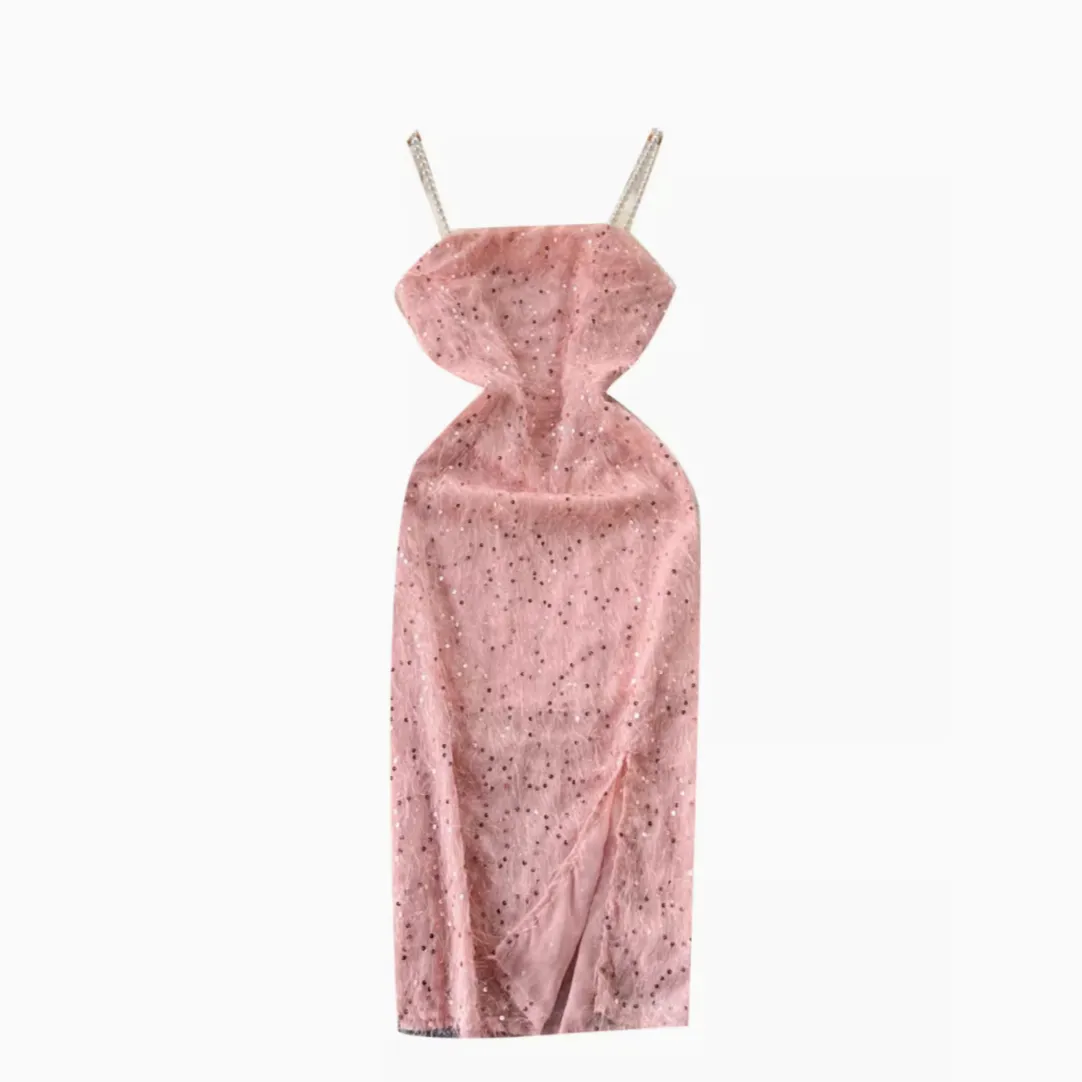 Furry Sequined Pink Slip Dress