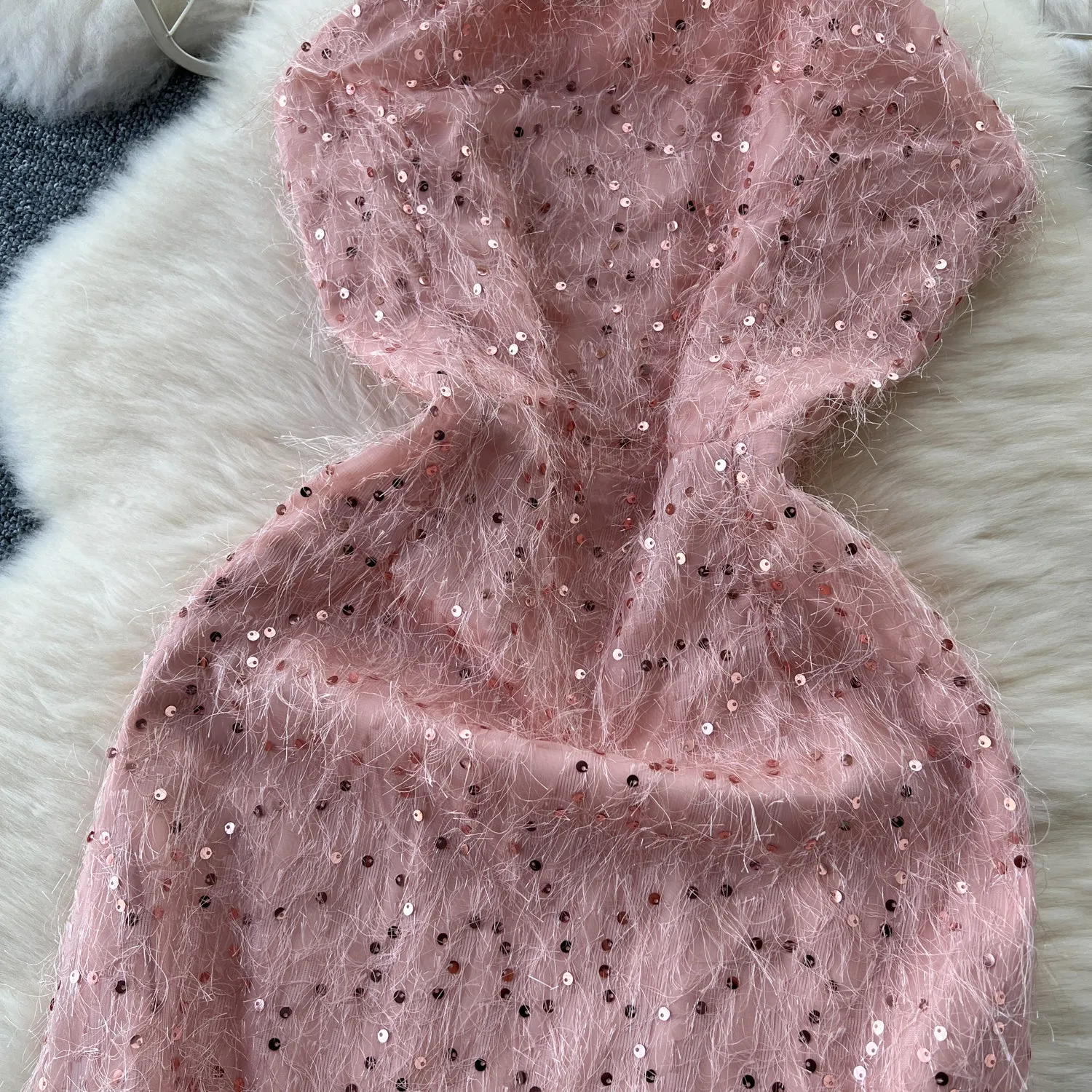 Furry Sequined Pink Slip Dress