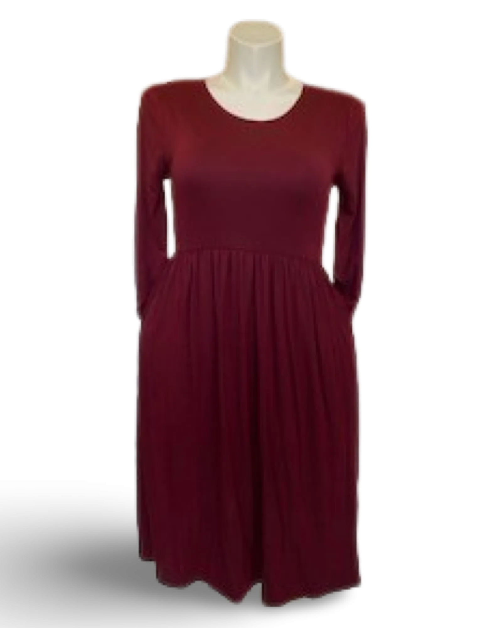 Gathered Waist Pocketed Midi Dress in Burgundy