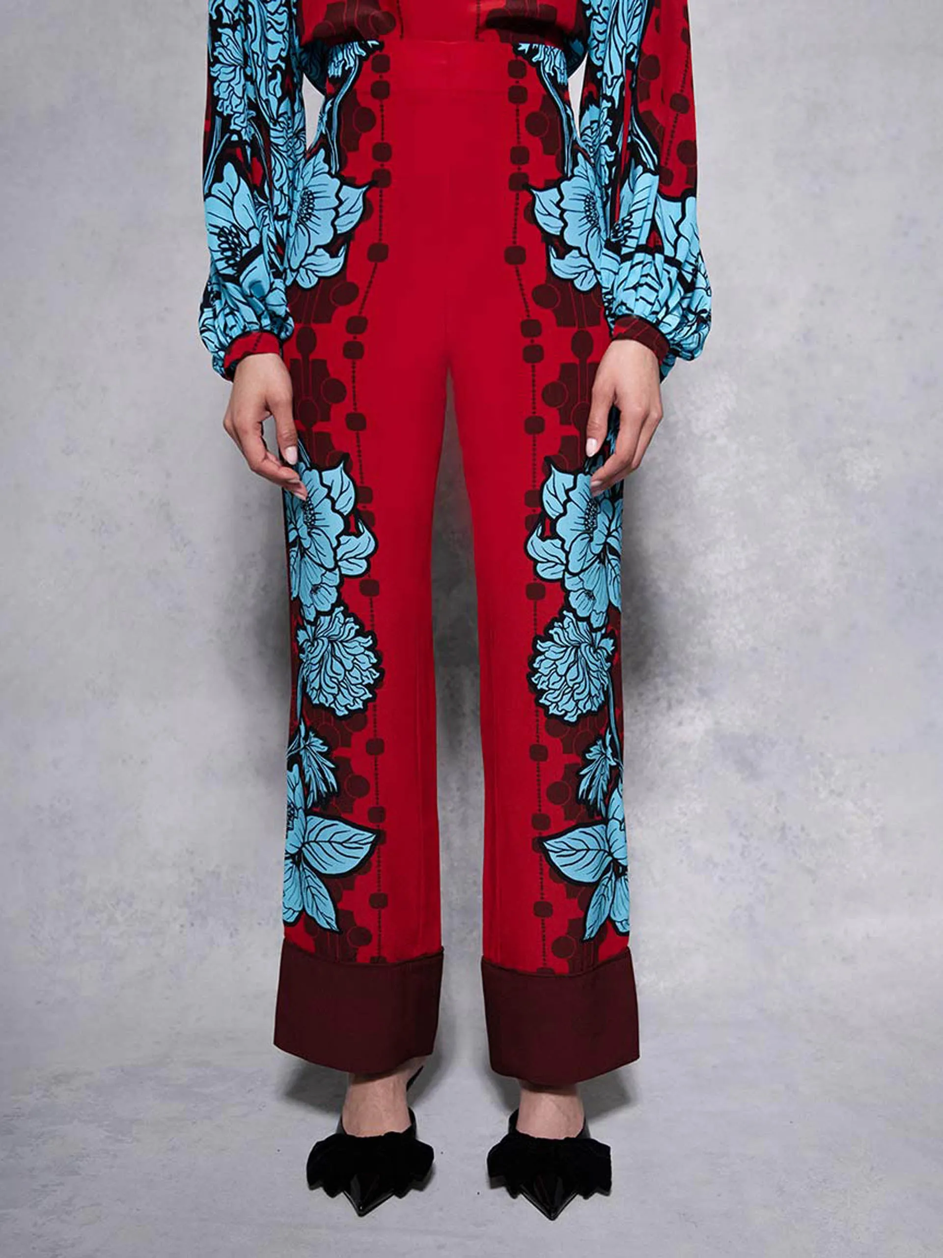 Glass flower burgundy Havana crepe trousers