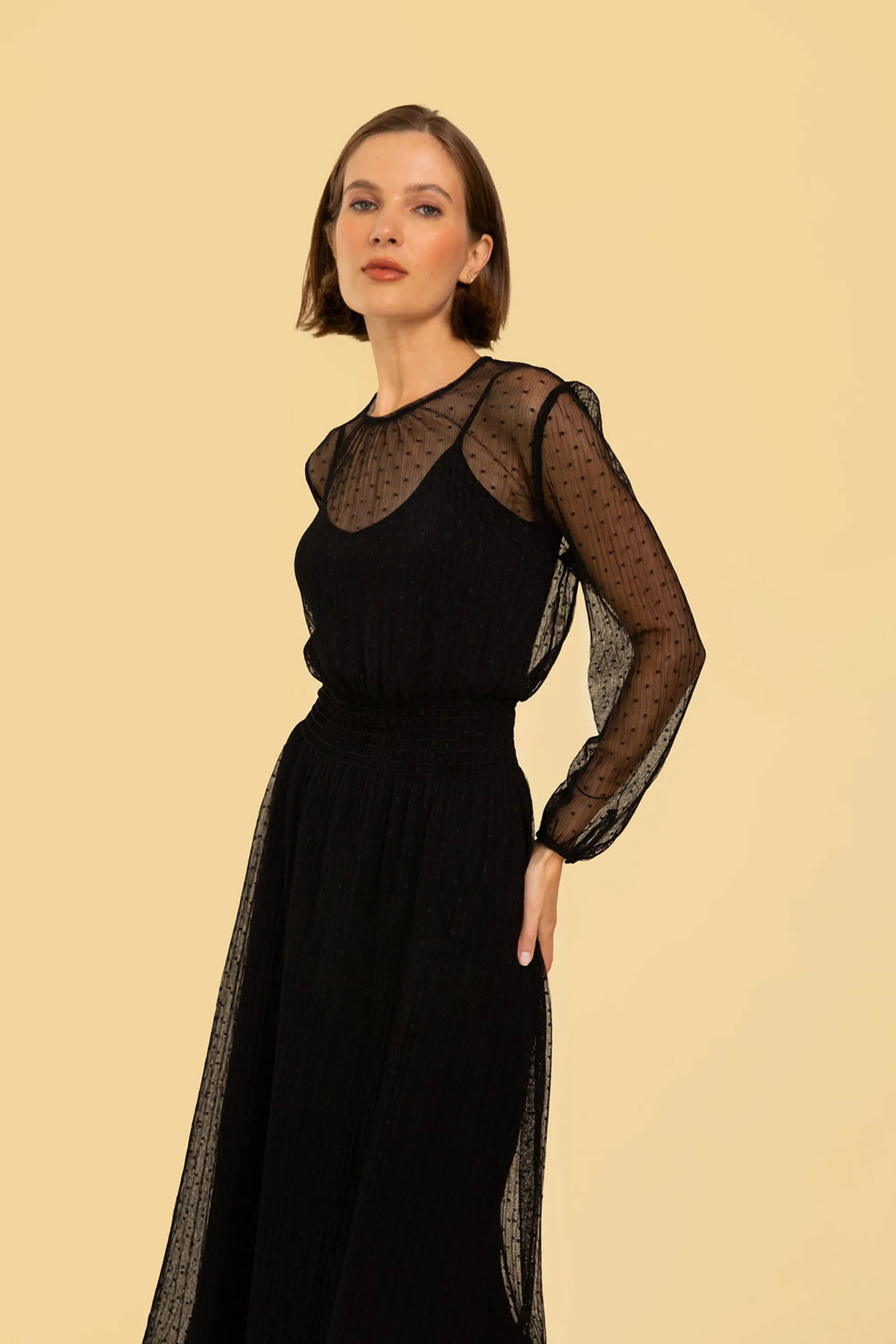 Greta Dress in Black Sheer Polka Dot