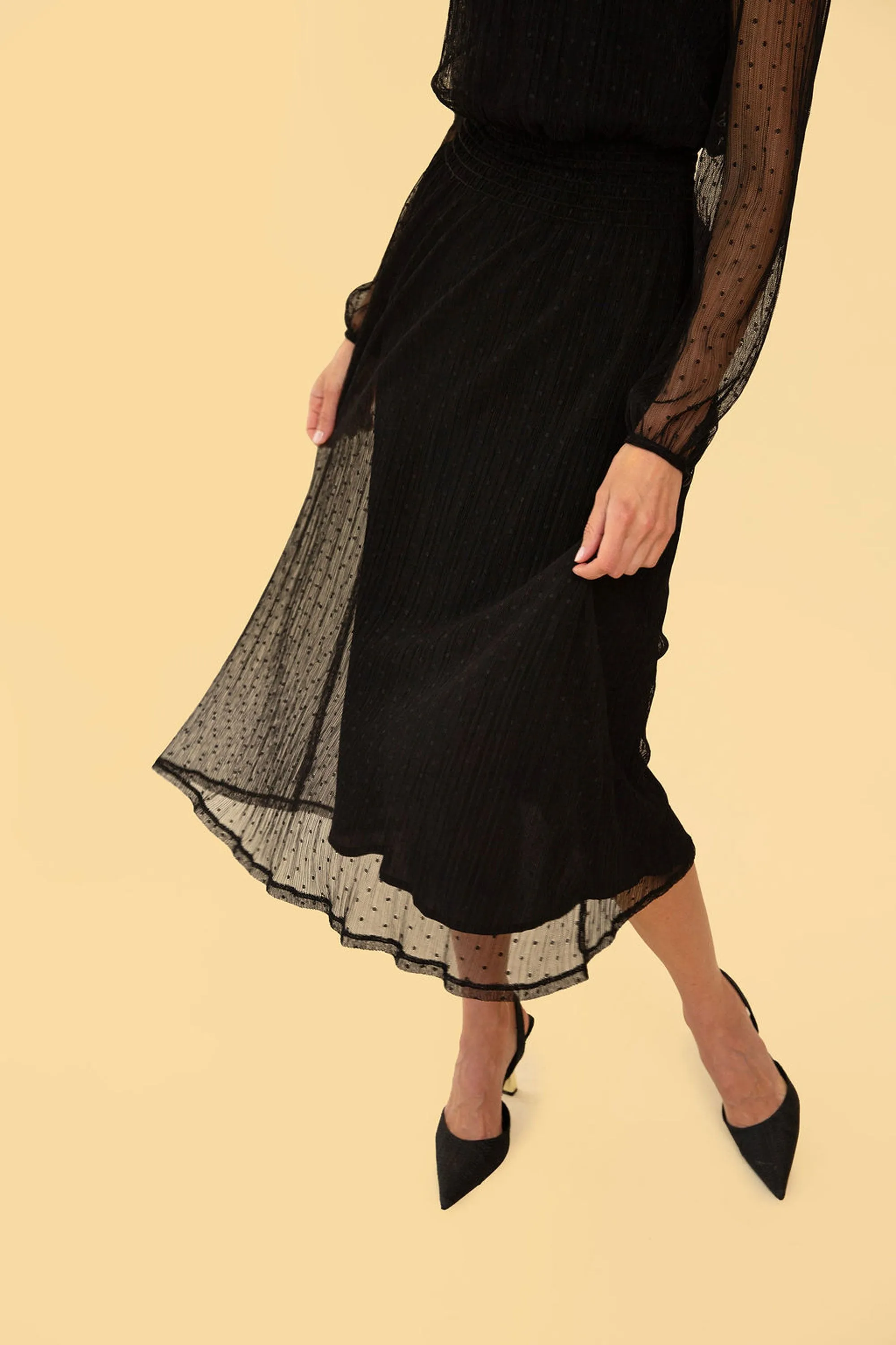 Greta Dress in Black Sheer Polka Dot