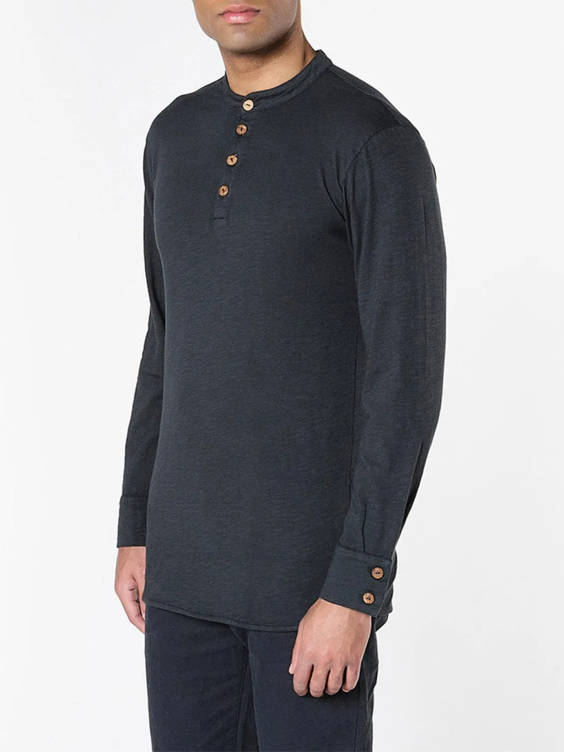 Henley Organic Cotton Slub Long Sleeve T-shirt Charcoal Grey