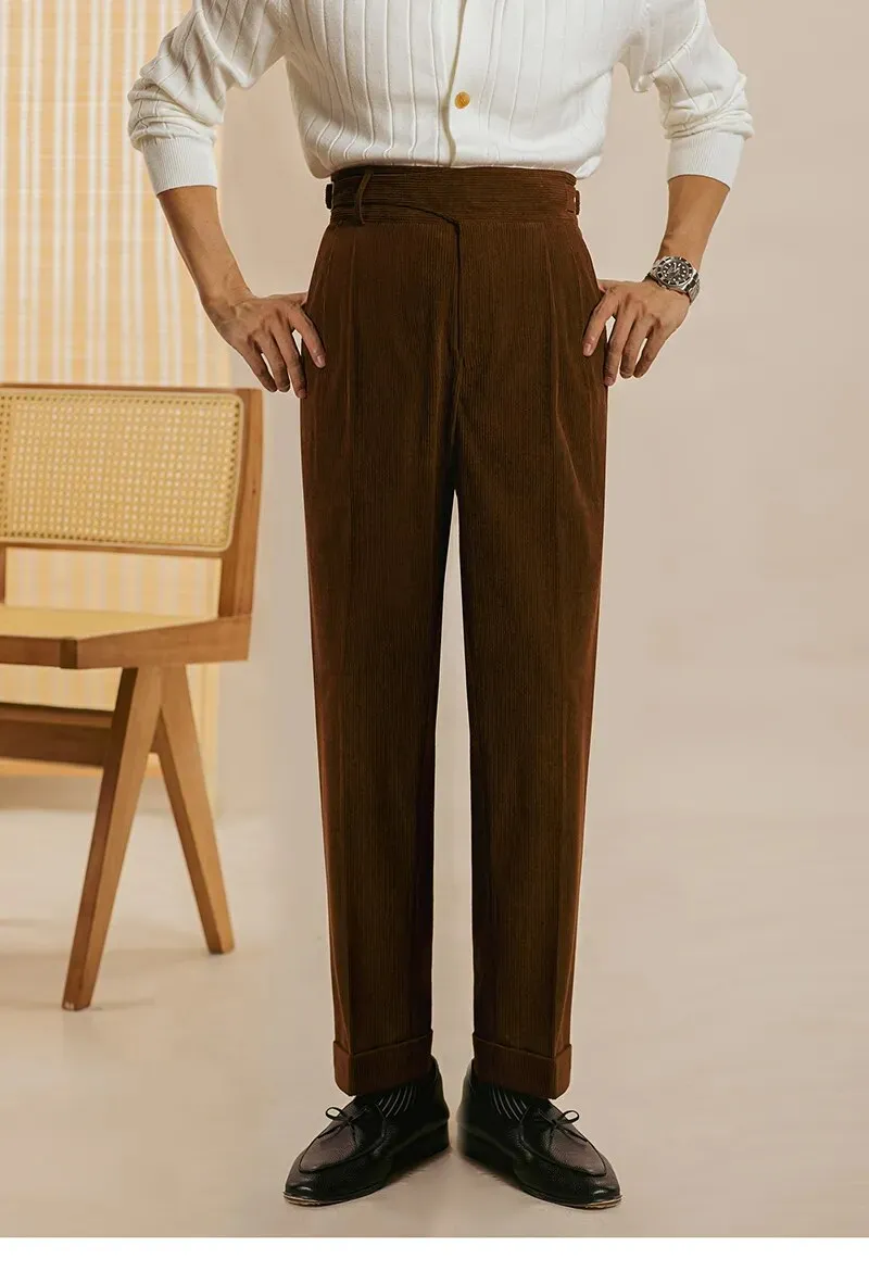 High Waist Side Buckle Corduroy Trousers